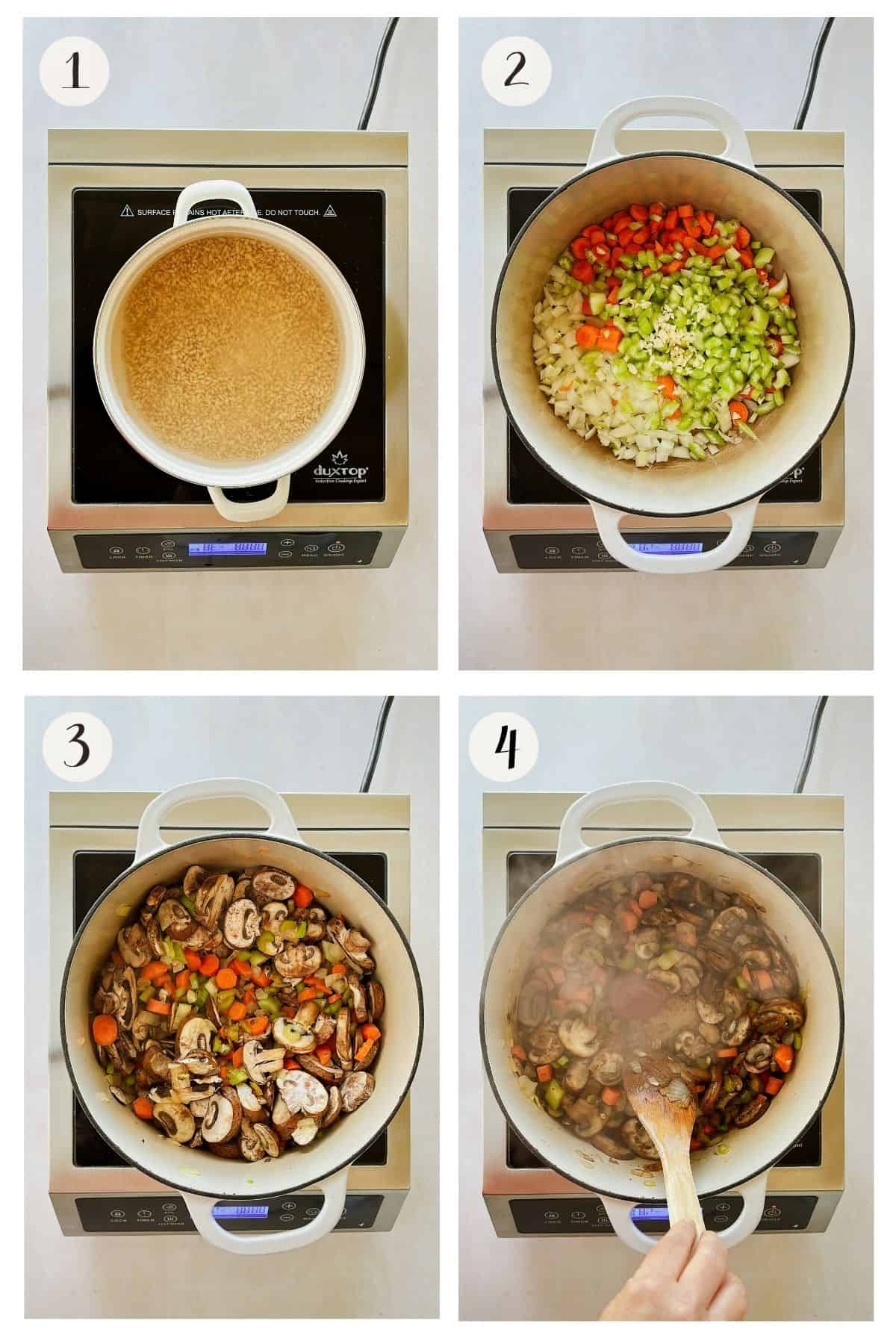First four-step process of making mushroom barley soup: cooking barley, sautéing vegetables, adding mushrooms, and stirring in tomato paste