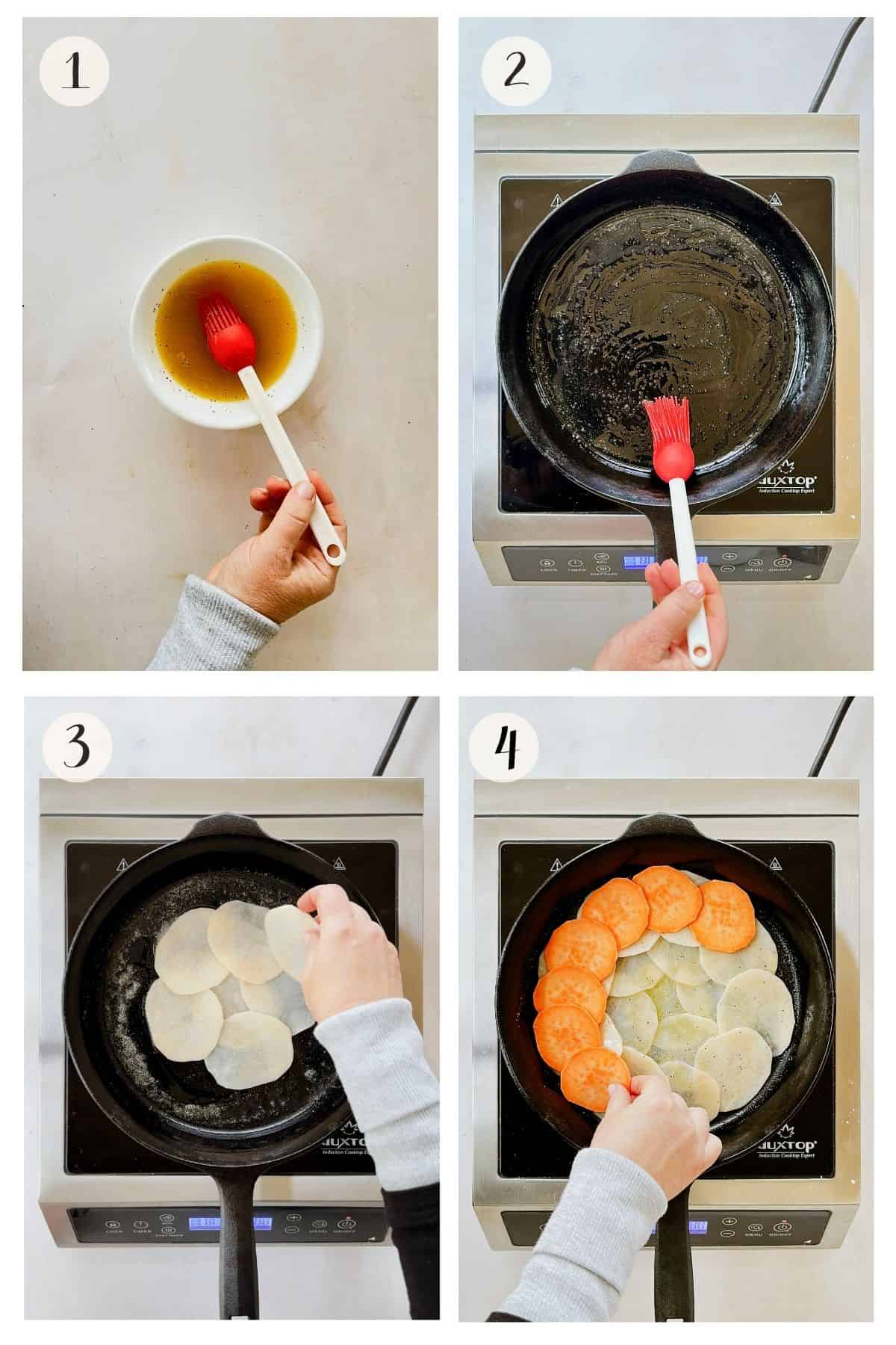 Step 1-4 images showing melted butter, the skillet brushed with butter, white potatoes layered in the pan, and sweet potatoes added in an overlapping circle.