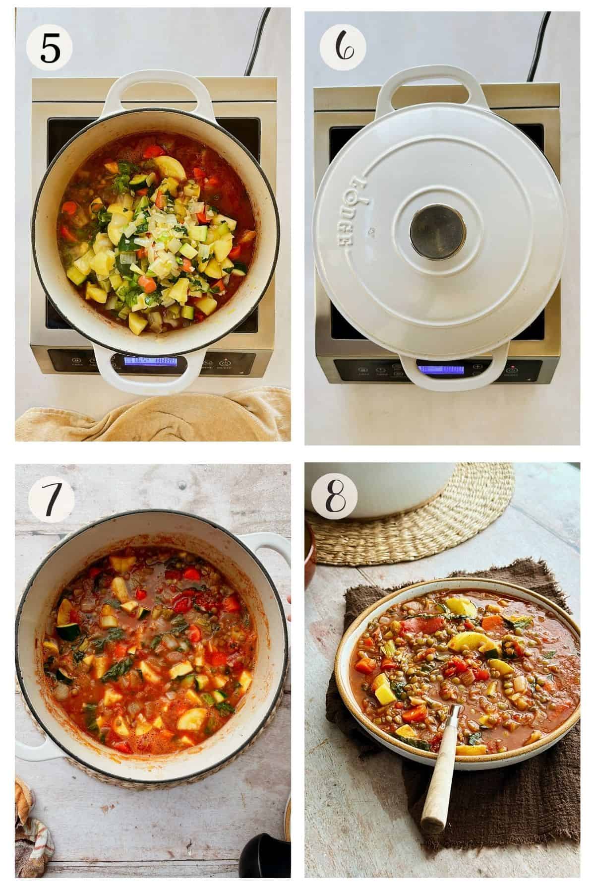 Four-step collage showing vegetables added to lentils with tomatoes, pot covered to simmer, finished soup in pot, and soup served in a bowl.