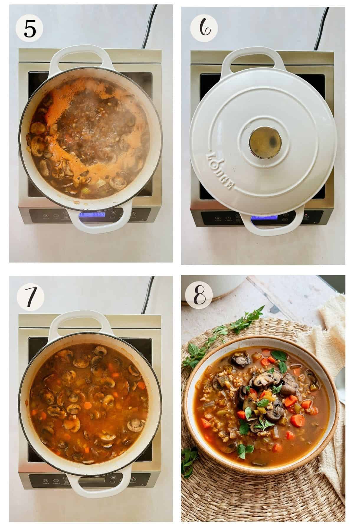 Steps 5-8 for making mushroom barley soup: soup comes to a boil with visible broth bubbles, pot covered with a white Dutch oven lid, soup uncovered showing cooked vegetables and barley in broth, finished soup served in a bowl, garnished with oregano.