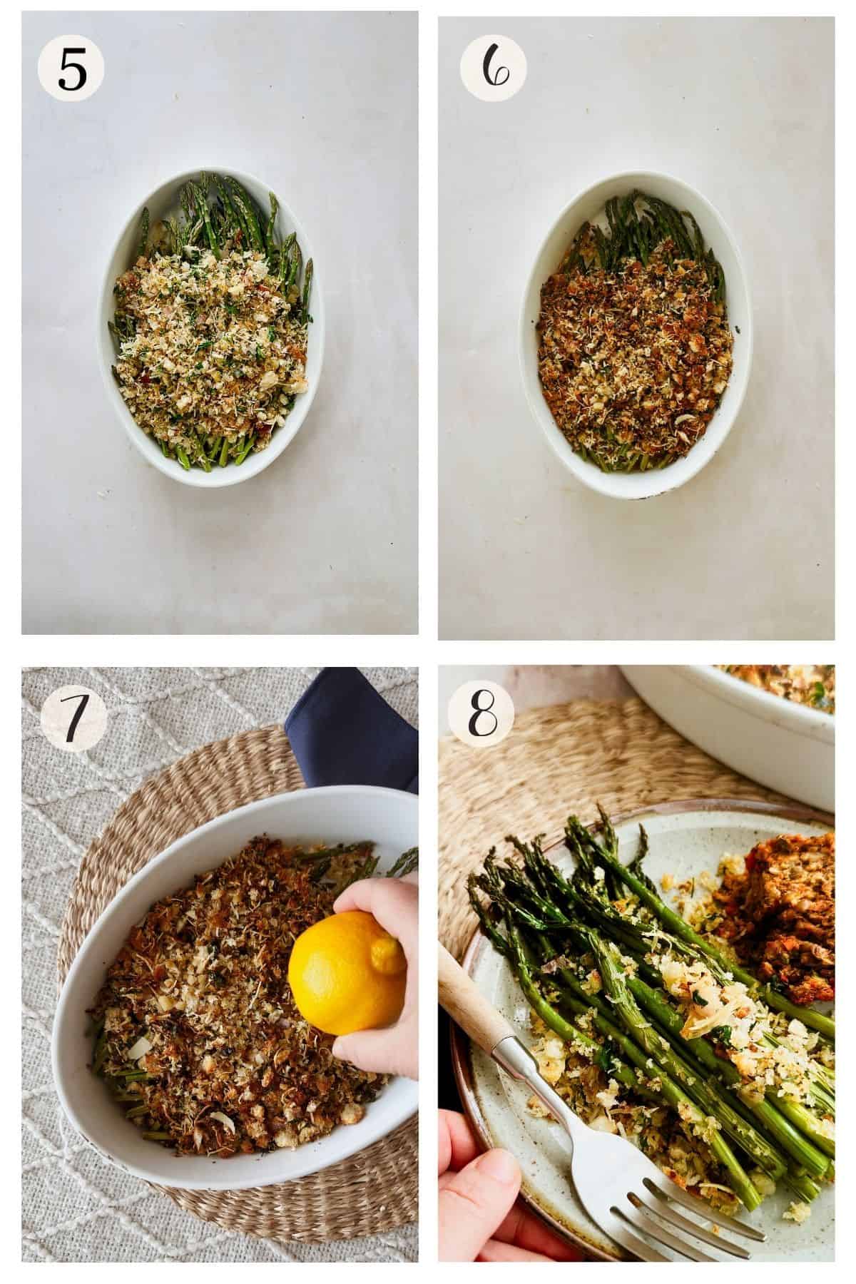 A step-by-step 5-8 collage showing partially cooked asparagus topped with breadcrumb mixture, broiled until golden and crisp, finished with fresh lemon juice, and served warm with favorite mains.