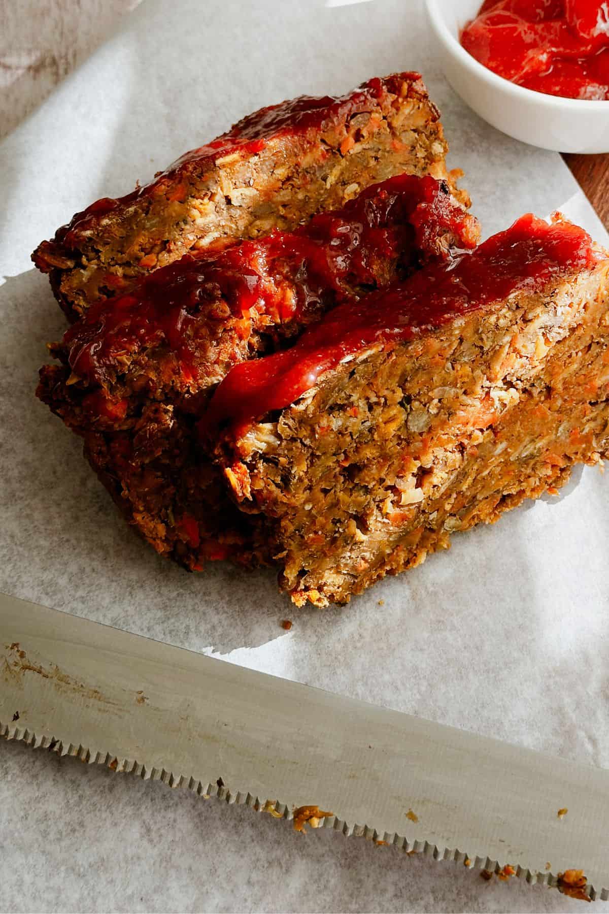 Slices of vegan lentil loaf stacked on parchment paper, topped with a ketchup-based glaze, with a serrated knife nearby.