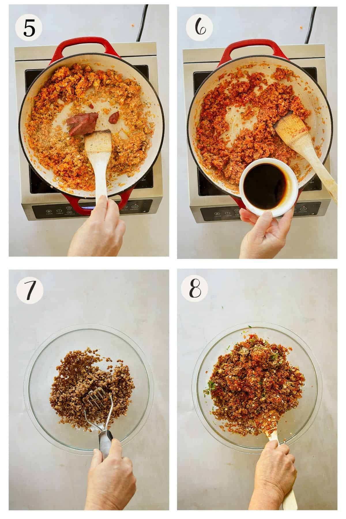 Building lentil loaf mixture: tomato paste and tamari added to sautéed vegetables, then smash lentils in a bowl, then combine lentils with oats, breadcrumbs, flax egg, and herbs in a bowl.