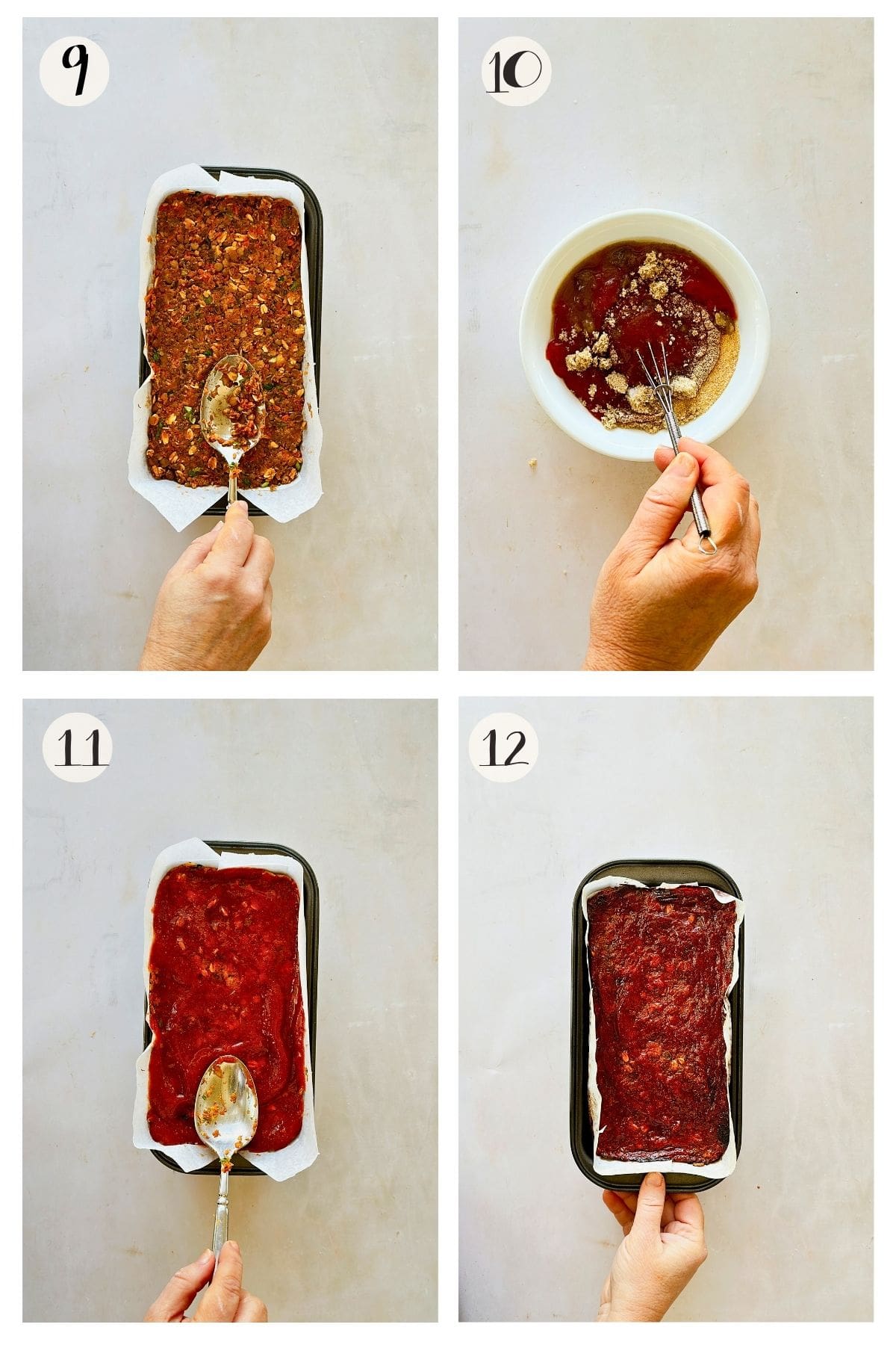 collage showing finishing the loaf: mixture pressed into loaf pan, glaze whisked, glaze spread on top, and loaf baked.