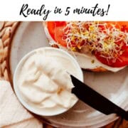Tofu Mayonnaise in a bowl with a knife. Text above the image says, 'How to Make Tofu Mayonnaise Ready in 5 Minutes.'