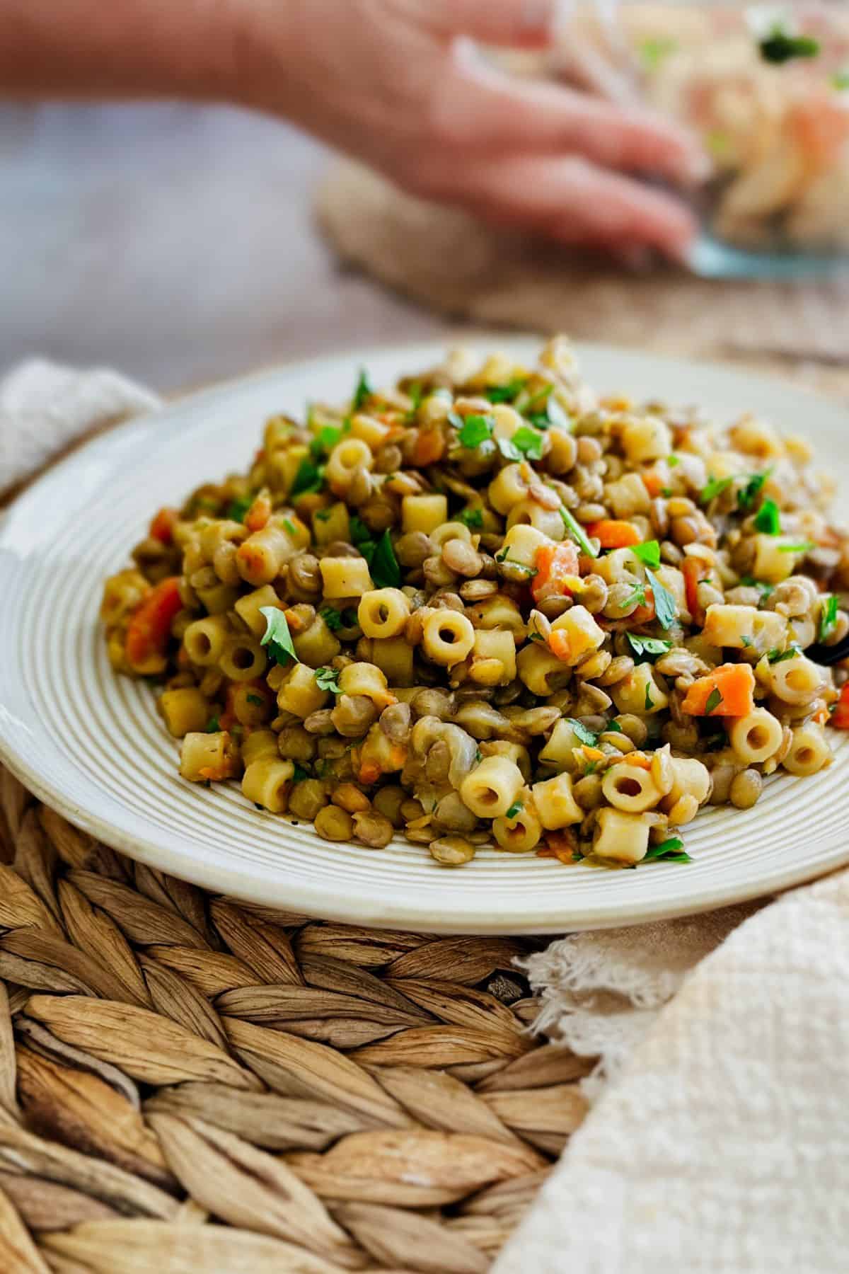 One-pot lentils and ditalini pasta on a plate with someone putting a bowl of salad down in the background.