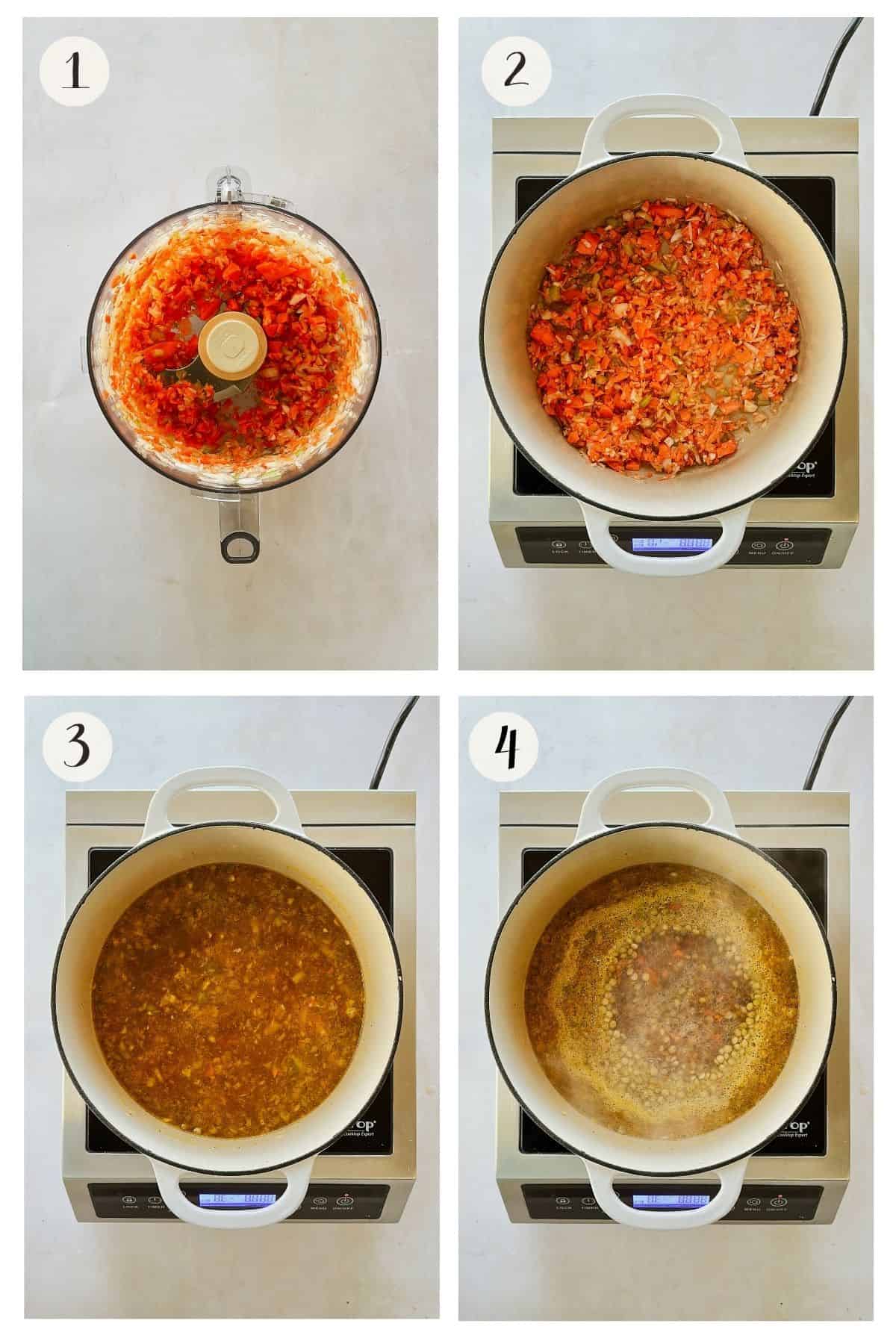 Step 1-4 collage of images showing chopped vegetables in a food processor, sautéing vegetables in a pot, lentils and broth added, and then simmering for one-pot lentil pasta