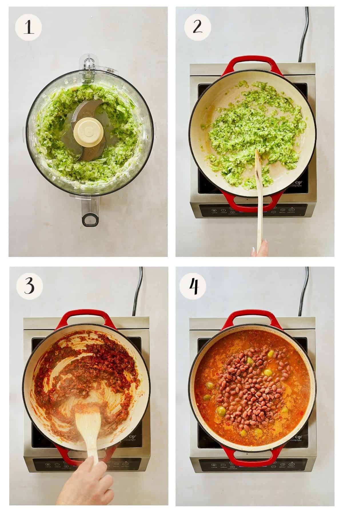 First four steps collage showing sofrito chopped in a food processor, sautéed in a red Dutch oven, simmered with tomato sauce and herbs, then cooked with pink beans and olives in a rich sauce.