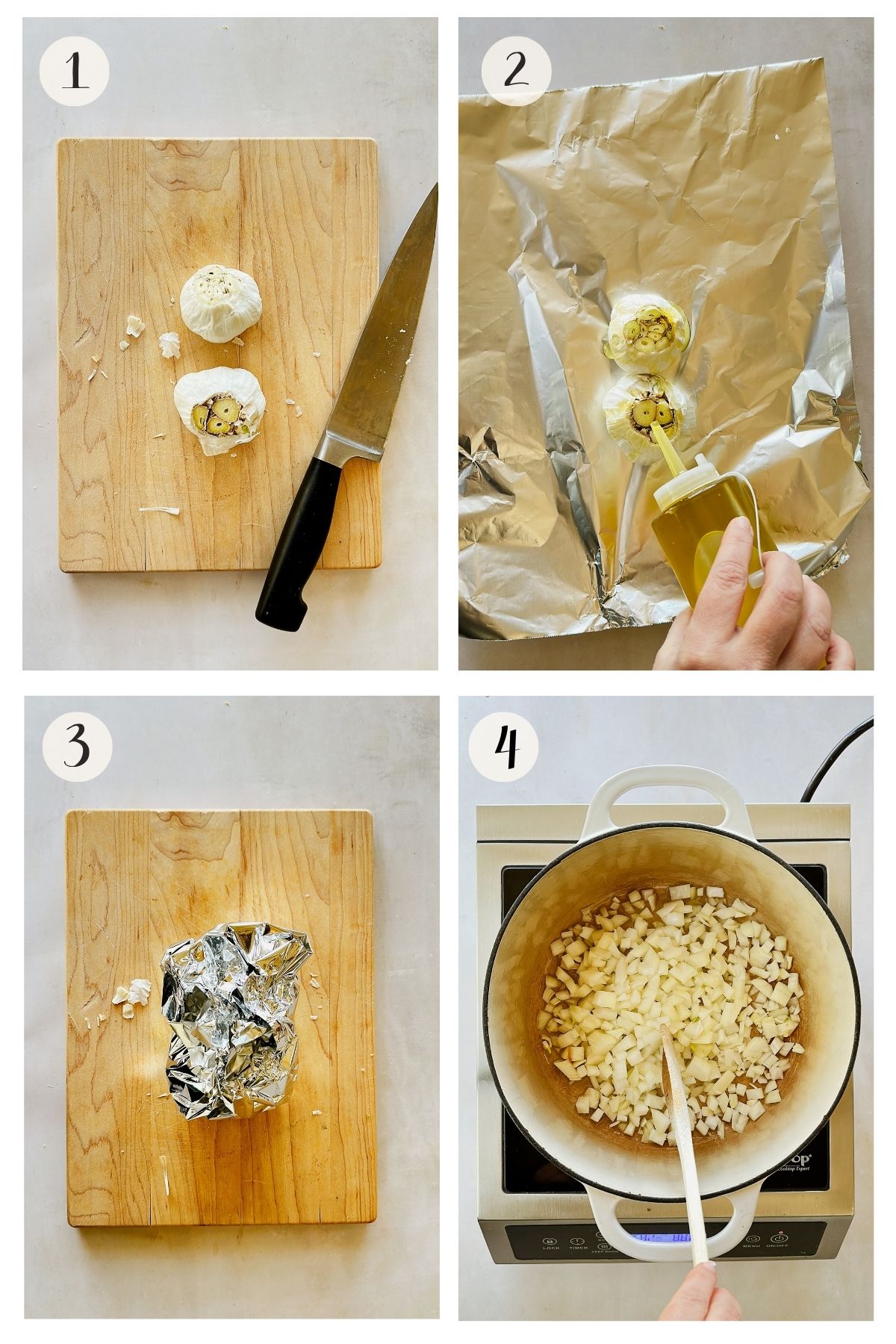 Steps 1-4 photo collage showing a whole garlic bulb and one cut in half on a wooden cutting board beside a knife, halved garlic heads placed cut-side up on foil with olive oil drizzled over the exposed cloves, the garlic wrapped tightly in foil to form a sealed roasting packet, and diced onions sautéing in a white Dutch oven on the stovetop, stirred with a wooden spoon.