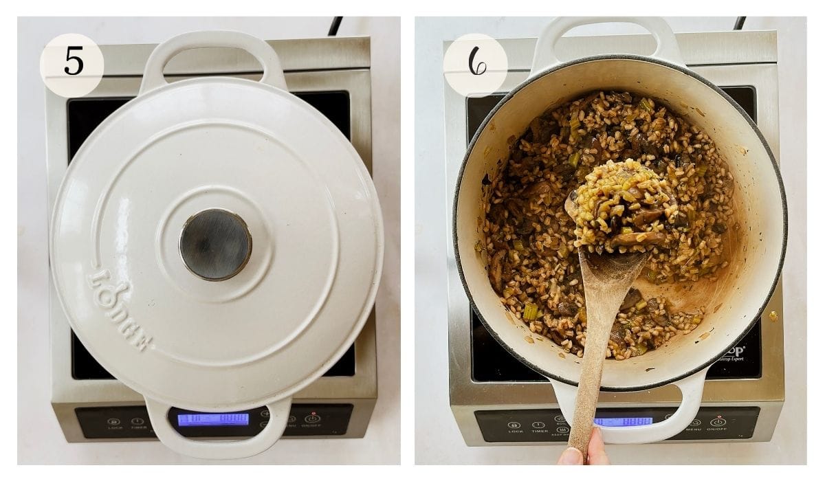 Steps 5-6 photos showing mushroom barley pilaf cooking covered in a pot, then finished pilaf being stirred and scooped with a wooden spoon once tender.