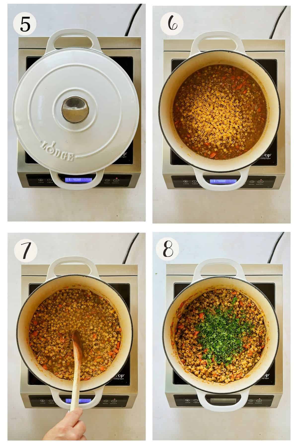 Four-step cooking sequence 5-8: covered pot on stovetop, pasta added to lentil mixture, stirring pasta in, and adding fresh parsley to the pot.