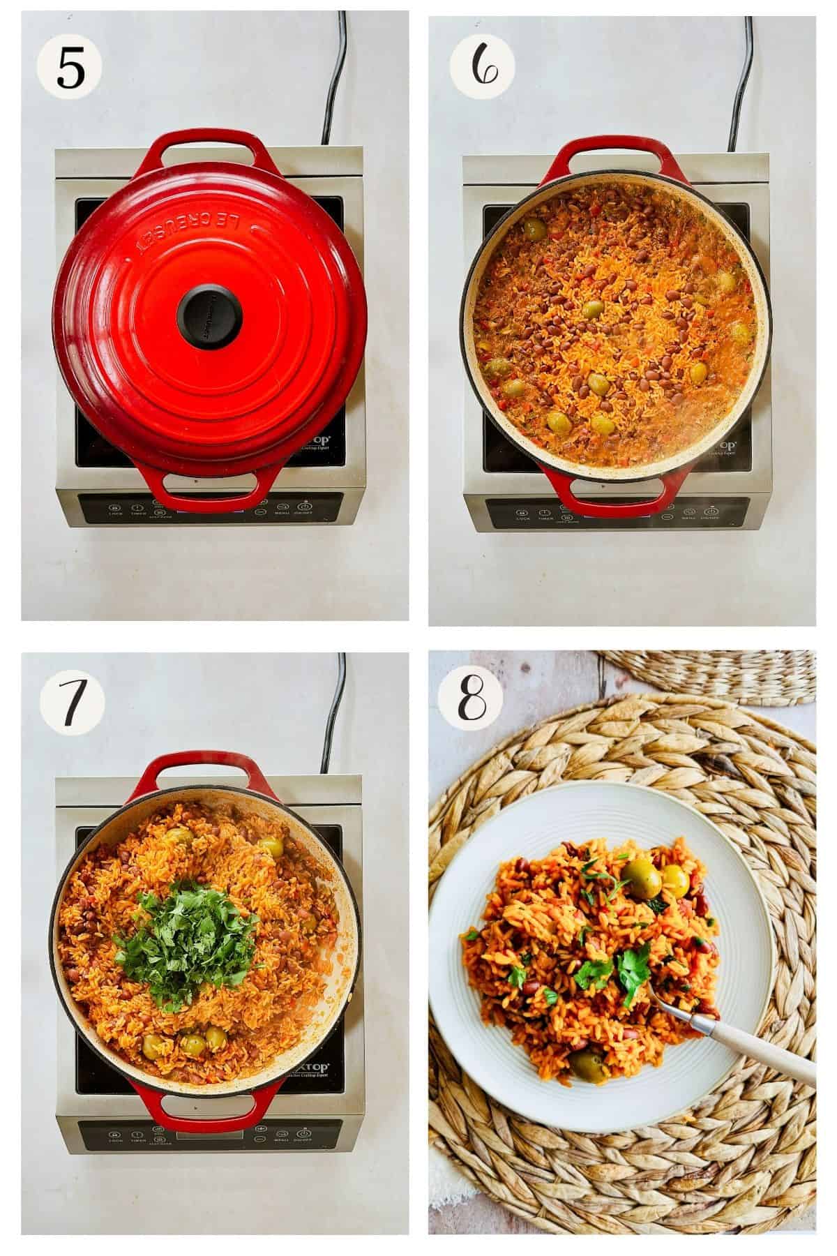 Steps 5-8 collage showing dish simmering covered in a red Dutch oven, finished yellow rice, then topped with cilantro, and a plated.