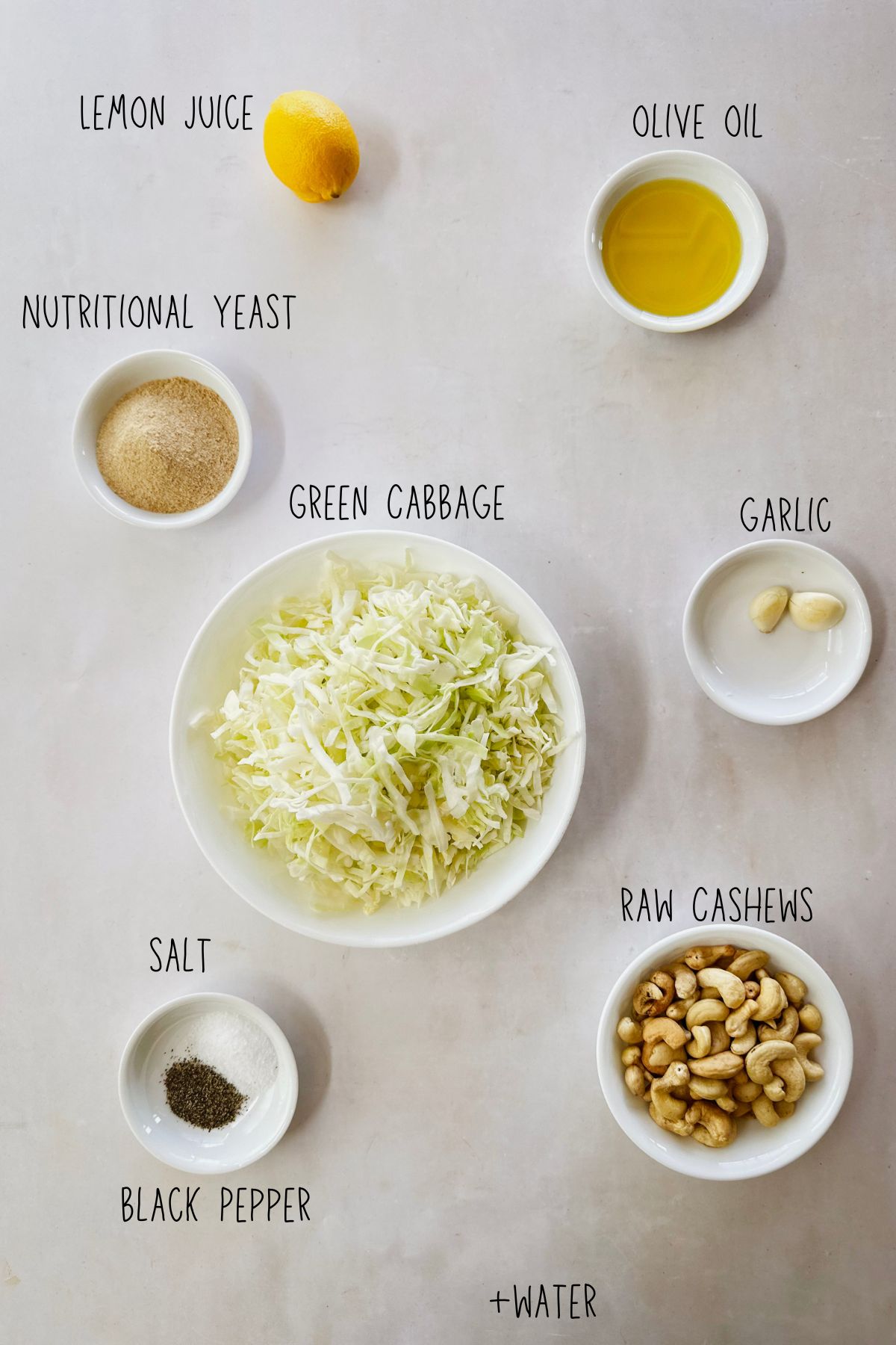 Flat lay of vegan cabbage alfredo ingredients labeled and arranged in white bowls: shredded green cabbage, raw cashews, lemon, olive oil, nutritional yeast, garlic, salt, black pepper, and water.