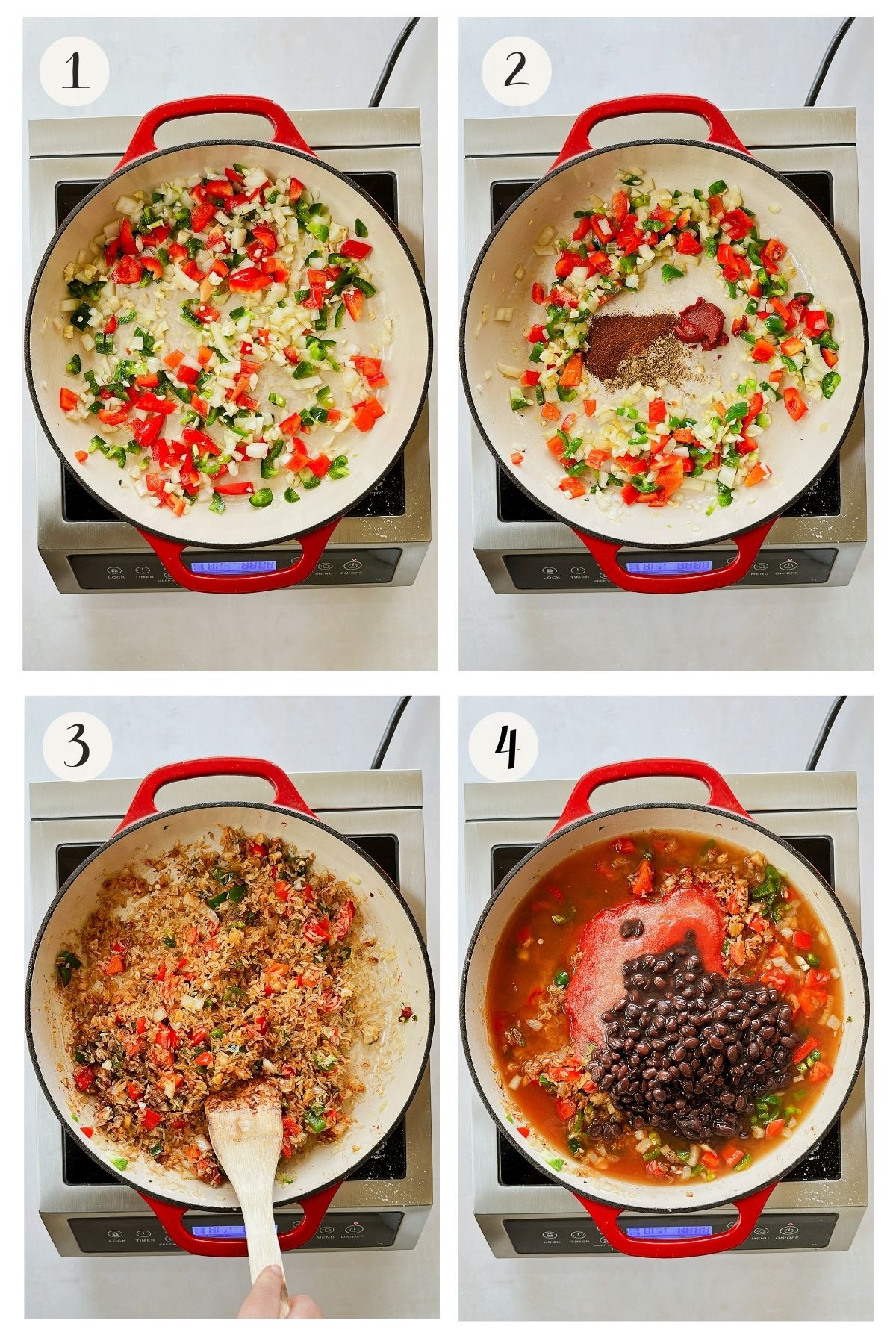 Steps 1-4 images in a collage showing stesps for Mexican Black Beans and Rice: sautéing onion, red pepper, jalapeño and garlic; adding spices and tomato paste; toasting the rice; and adding tomato sauce, broth, and black beans to the pot.