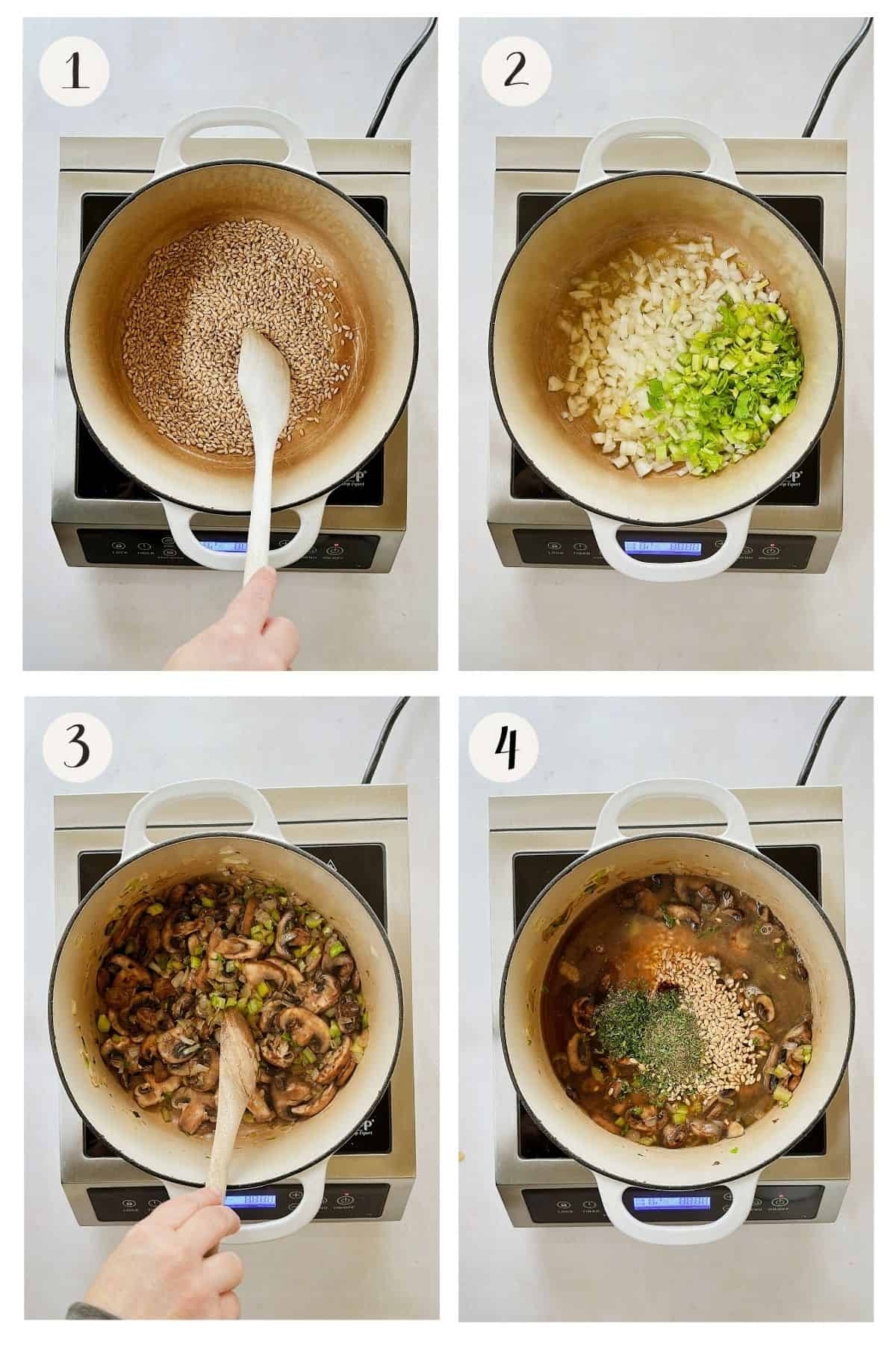 Steps 1-4 photos showing how to make mushroom barley pilaf: pearl barley toasting in a pot, onions and celery sautéing, mushrooms cooking until browned, and vegetable broth with herbs being added to the pot.