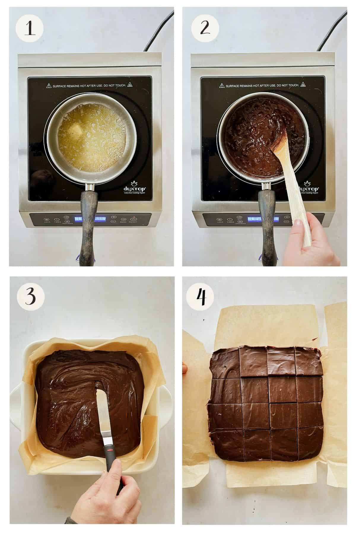 Steps 1-4 collage showing how to make vegan fudge: (1) melted vegan butter in a saucepan, (2) chocolate chips and condensed oat milk stirred until smooth, (3) fudge mixture spread into a parchment-lined pan with an offset spatula, and (4) chilled fudge cut into neat squares.