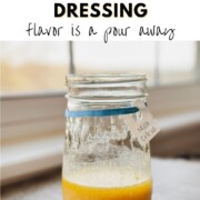 Pinterest graphic for miso citrus dressing in a labeled mason jar with a whisk, with text: "How to Make Miso Citrus Dressing — Flavour is a pour away.
