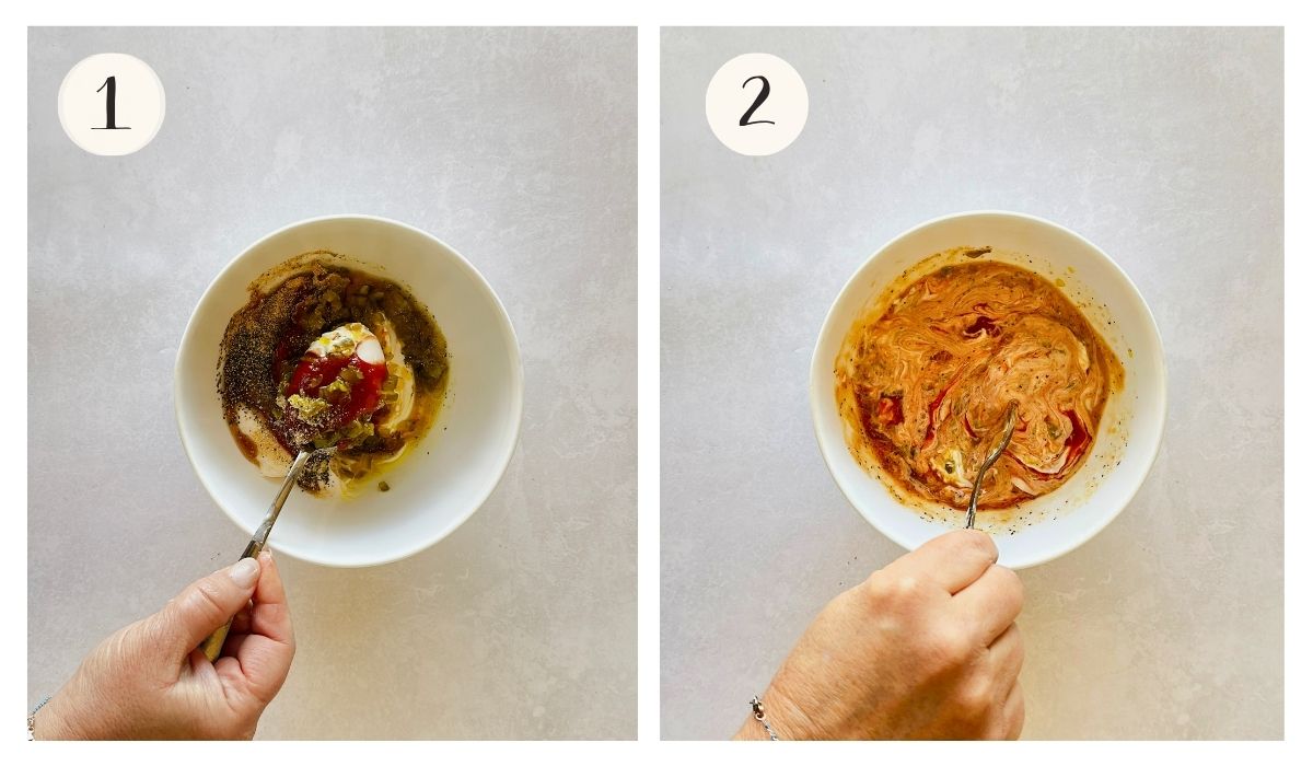 Two overhead shots side by side showing steps one and two of making vegan Thousand Island dressing - unmixed ingredients in a white bowl then a creamy pink-orange swirled mixture being stirred with a silver spoon.