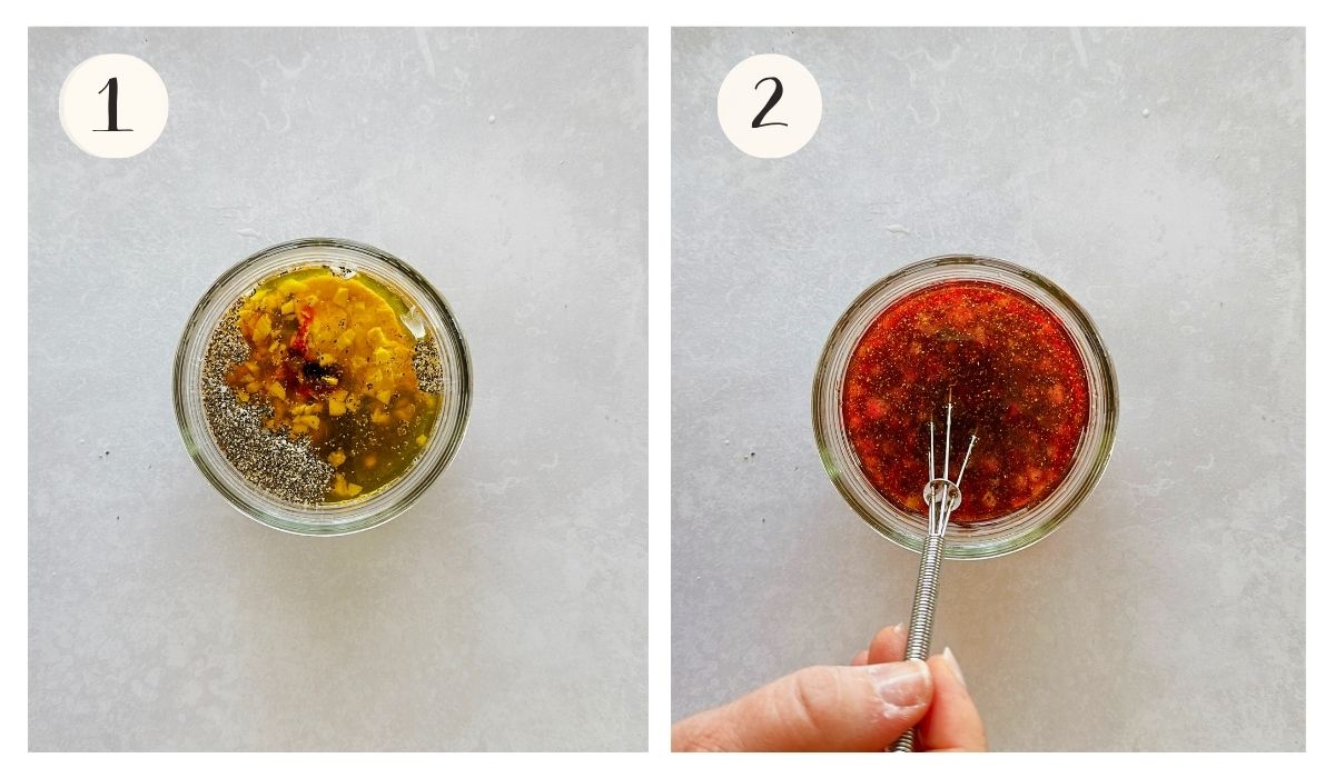 Two-step process shots showing all vinaigrette ingredients combined in a glass jar, then whisked together into a deep red pomegranate molasses dressing.