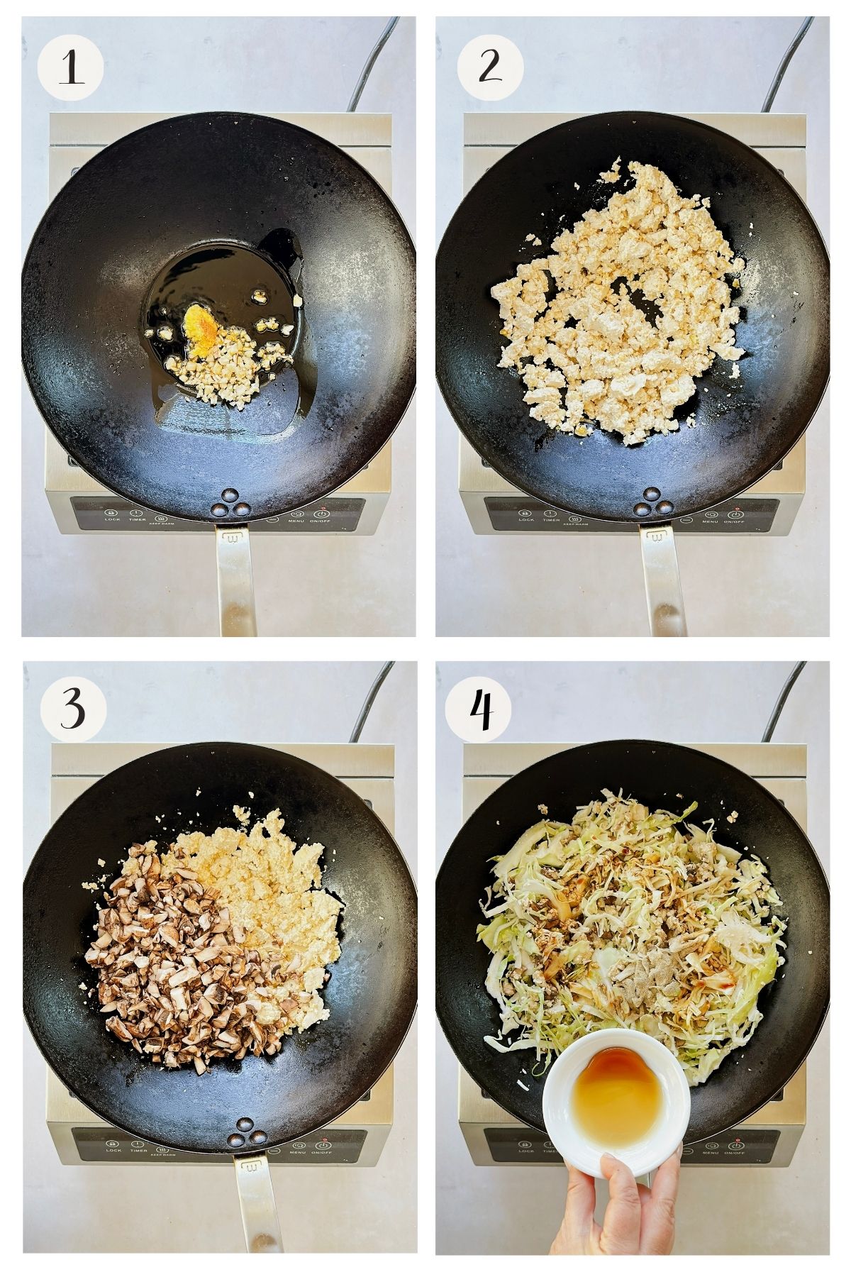 Steps 1-4 collage showing dumpling filling being made in a wok - sautéing aromatics, cooking crumbled tofu, adding mushrooms, then cabbage and sauce.