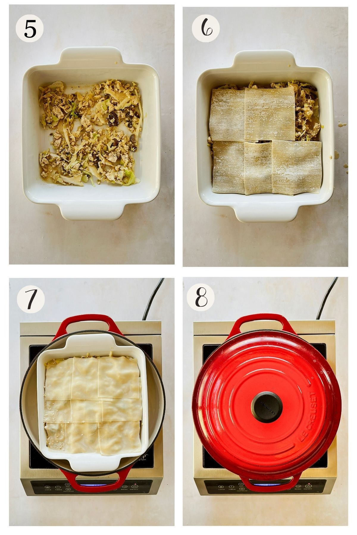 Steps 5-8 collage showing dumpling lasagna assembly - filling spread on the bottom of a baking dish, wonton wrappers layered on top, dish placed inside a red Le Creuset Dutch oven, then covered with the lid to steam.