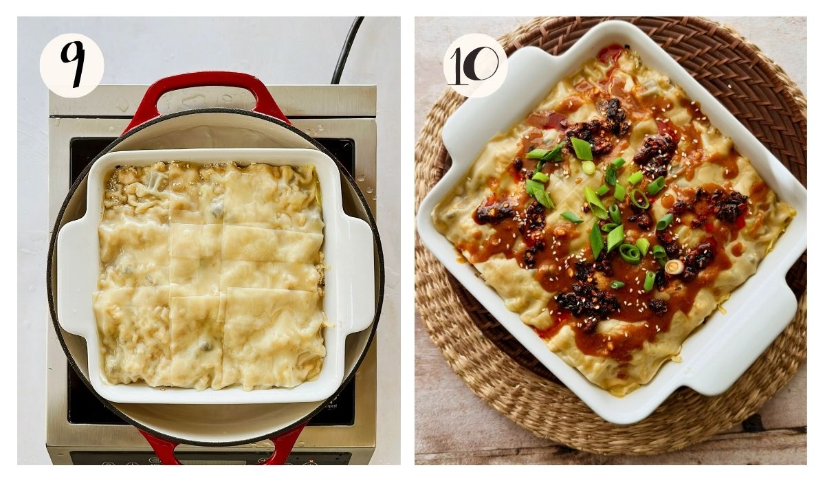 Steps 9-10 collage showing the finished dumpling lasagna - steamed wonton wrappers wrinkled and translucent in the baking dish, then topped with savory sauce, crispy chili, sesame seeds, and sliced green onions.