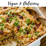 Pinterest graphic titled 'How to Make Dumpling Lasagna, Vegan & Delicious' showing a close-up of layered wonton wrappers and savory filling in a white baking dish, drizzled with peanut sauce, green onions, and crispy chili, with a wooden spoon tucked in the side.