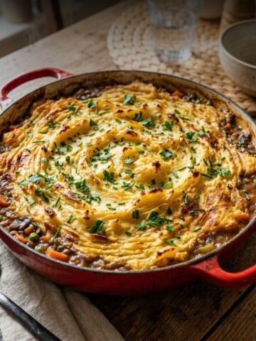 It's a red dutch oven pan filled edge to edge with vegan shepherd's pie, the top a blanket of creamy mashed potatoes baked to a deep golden color.
