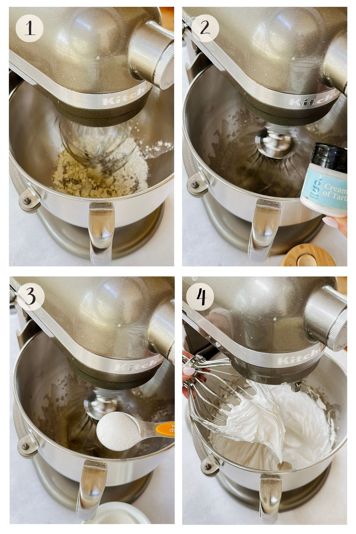 Four-panel steps 1-4 photo collage showing the early stages of making Cuban suspiros in a KitchenAid stand mixer. Step 1 shows the reconstituted animal-free egg white powder mixture in the mixer bowl. Step 2 shows a hand adding  cream of tartar to the foamy mixture. Step 3 shows sugar being added by the spoonful to the whipping meringue. Step 4 shows the meringue beginning to thicken and turn glossy white as the mixer whips it.