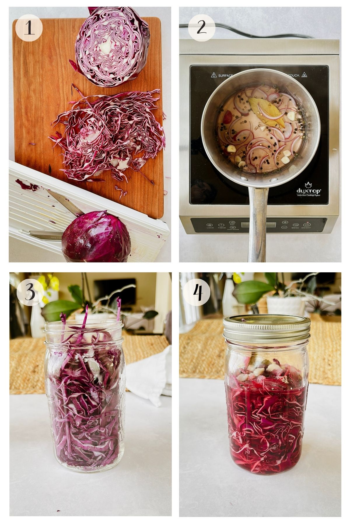 Four-step process for making quick pickled red cabbage - shredding the cabbage on a mandoline, heating the brine on the stovetop, packing the cabbage into a mason jar, and pouring the brine over to finish.