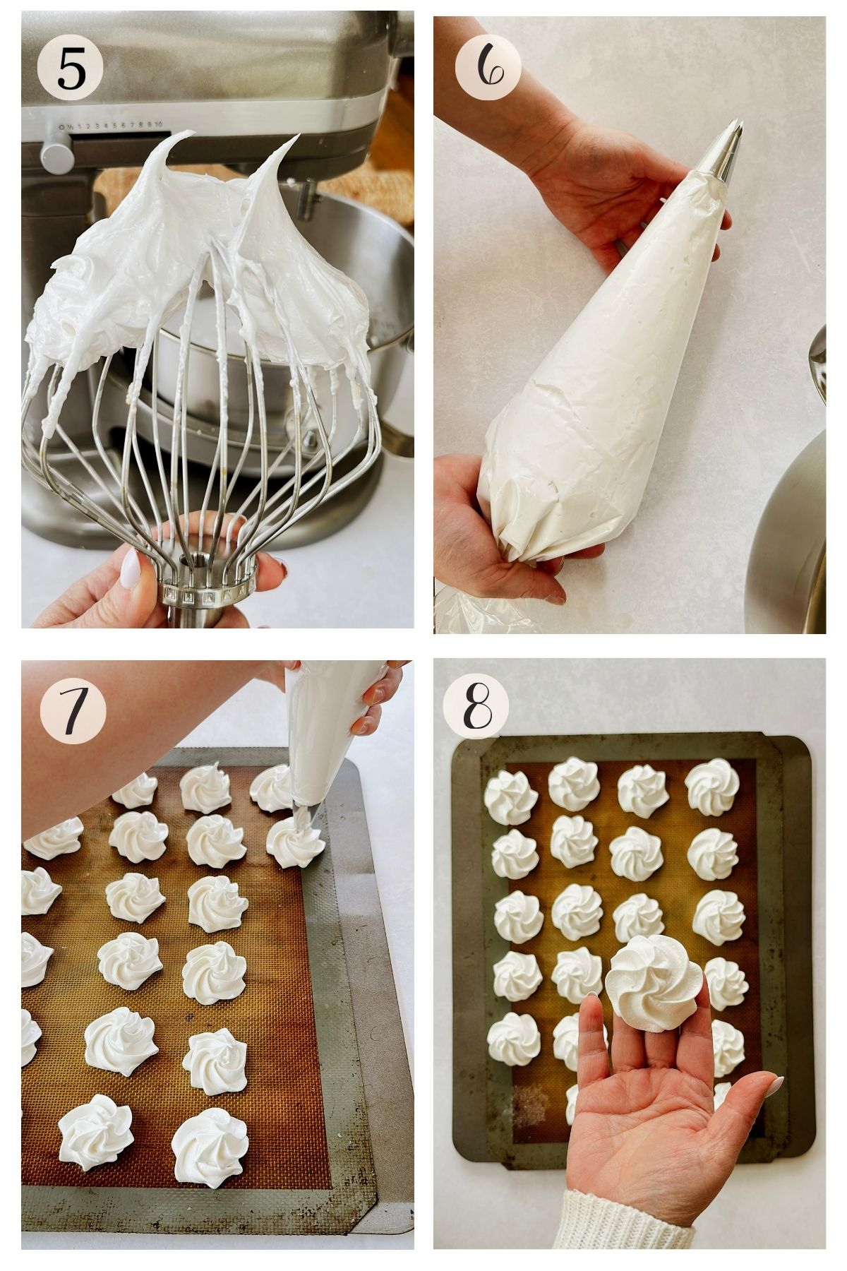 Four-panel steps 5-8 photo collage showing the final stages of making Cuban suspiros. Step 5 shows a hand holding the stand mixer whisk attachment with thick, glossy meringue holding stiff peaks. Step 6 shows a hand holding a filled piping bag fitted with a star tip, ready to pipe. Step 7 shows the meringue being piped into small rosette shapes onto a silicone-lined baking sheet. Step 8 shows a hand holding a finished baked suspiro rosette to demonstrate its size and shape, with the full tray visible in the background.