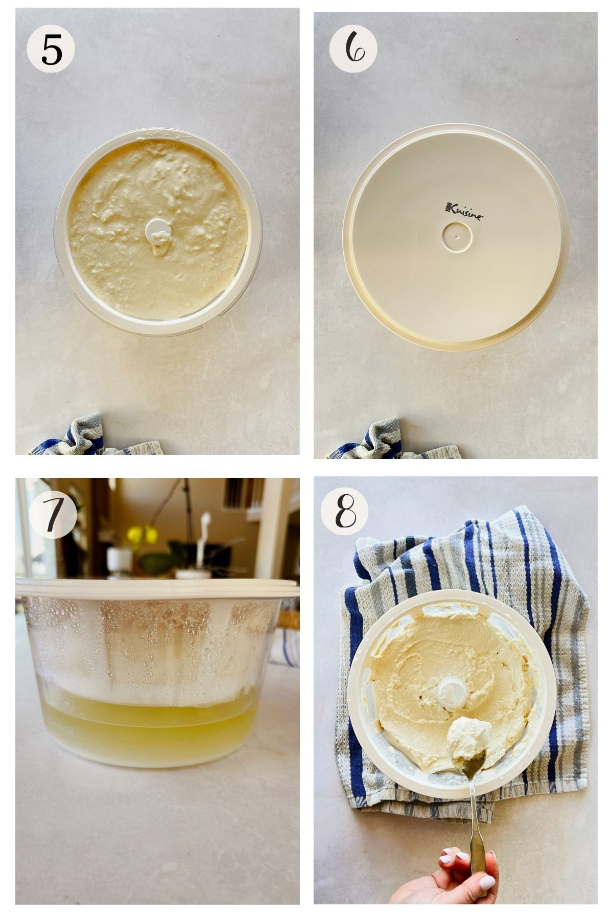 Four-step process for straining vegan Greek yogurt: step 5 shows fermented yogurt in container, step 6 shows yogurt strainer setup, step 7 shows whey draining into bowl, step 8 shows thick finished yogurt being scooped with spoon.