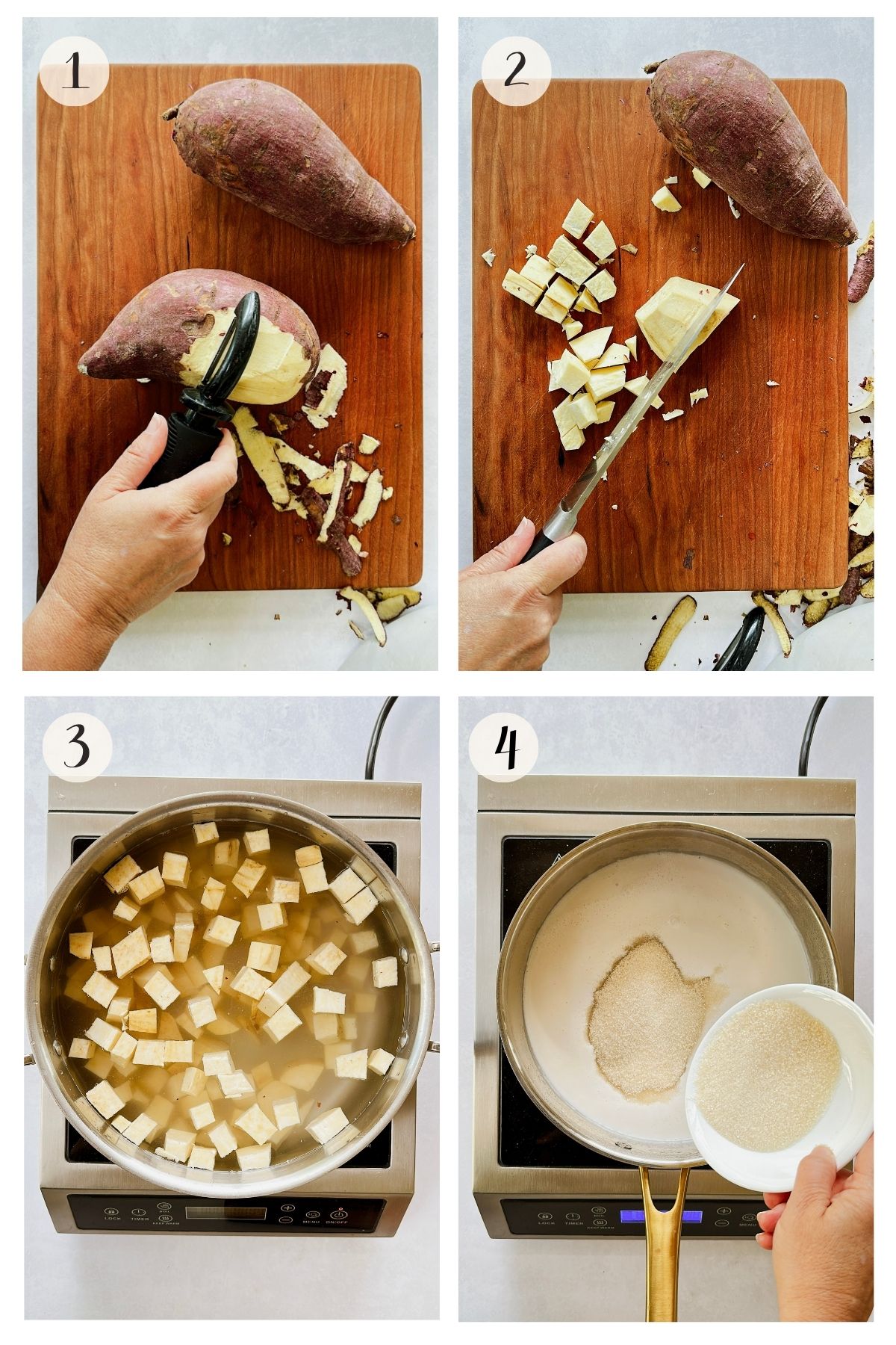 Collage showing steps 1-4 of sweet potato and coconut pudding (boniatillo con coco): peeling the boniato with a vegetable peeler, cutting boniato into cubes, boiling the cubes in a pot, and adding sugar to coconut milk in a pan.