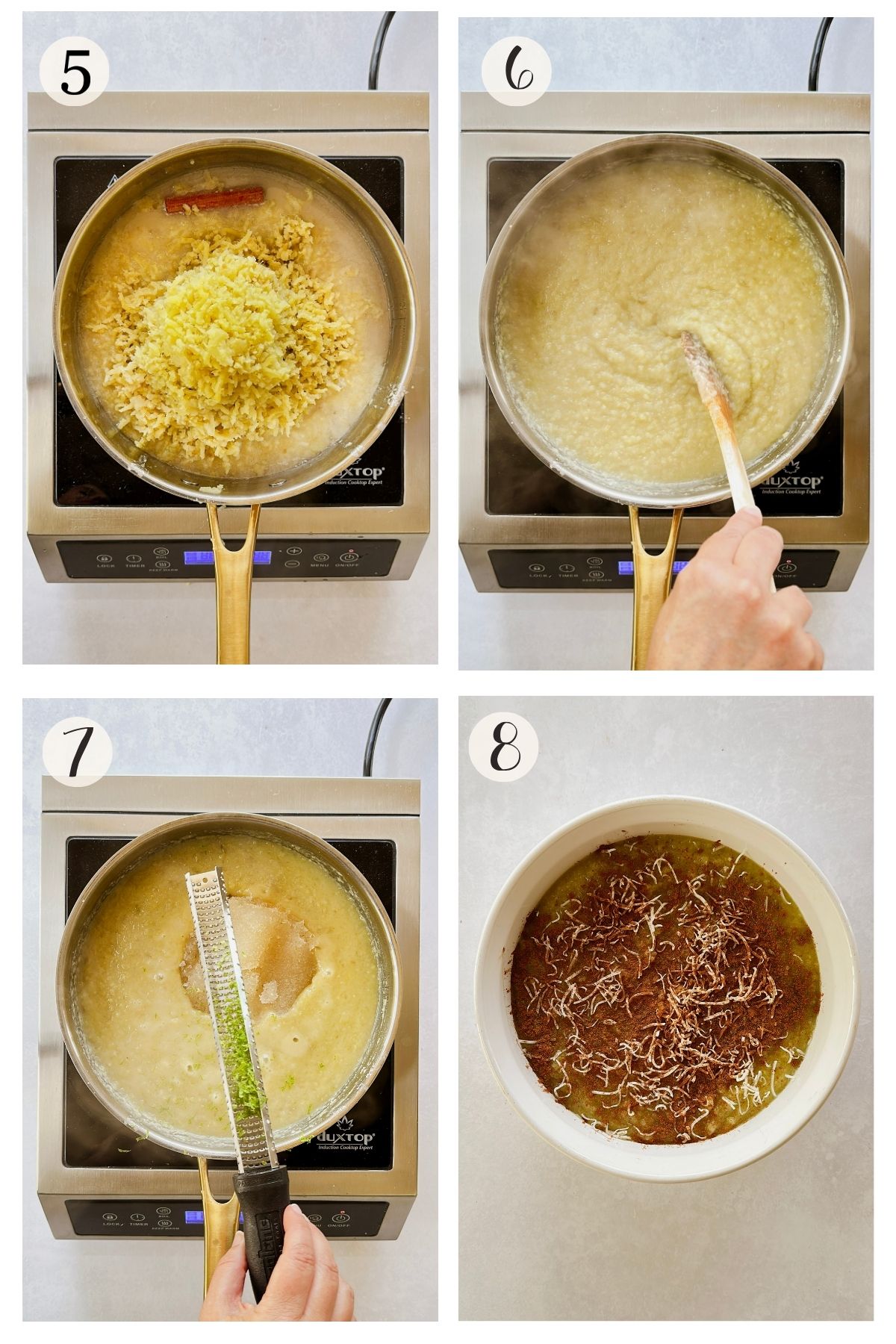 Steps 5-8 collage showing boniatillo con coco cooking: mashed boniato and a cinnamon stick added to the pot, the mixture stirred to a smooth simmer, lime zested on top, and the finished dessert plated with a sprinkle of coconut and cinnamon.