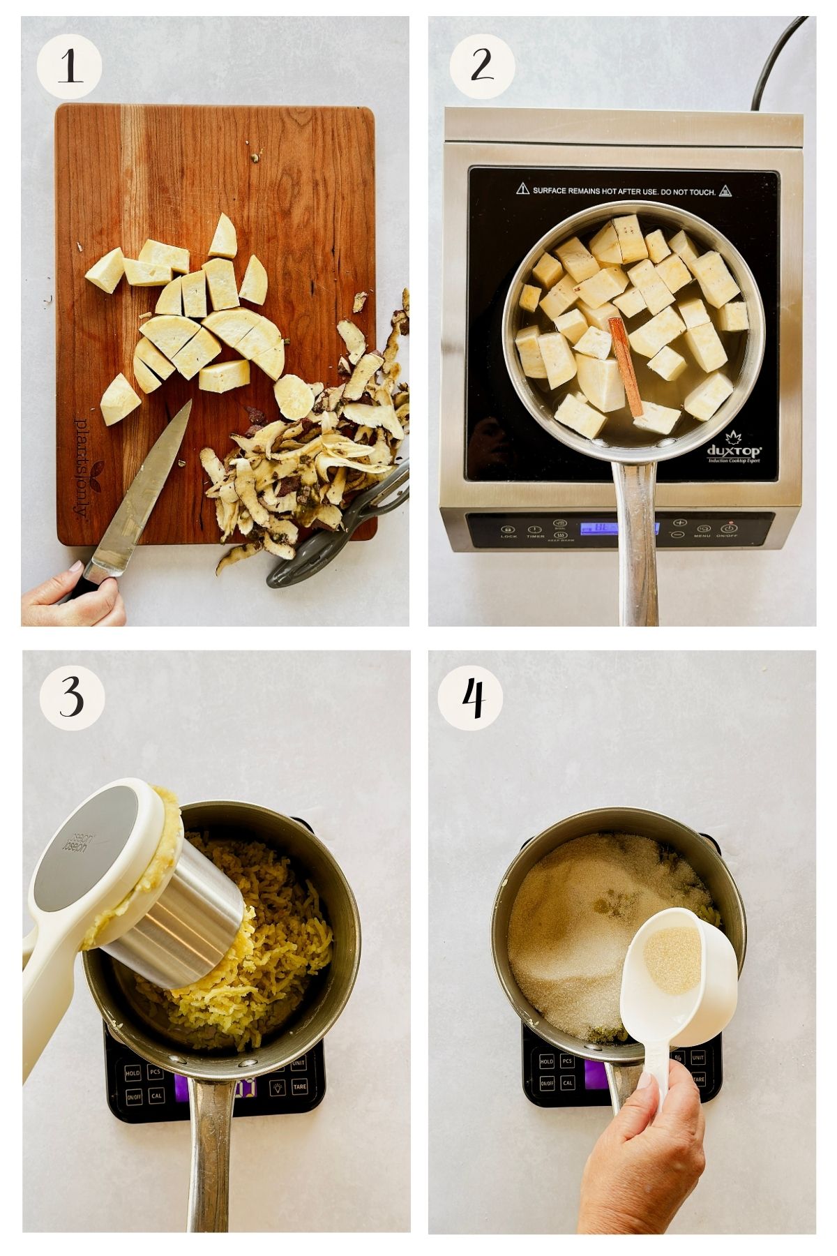 Boniatillo seco steps 1-4: peeling and cubing boniato, simmering with a cinnamon stick, ricing the cooked boniato, and adding sugar.