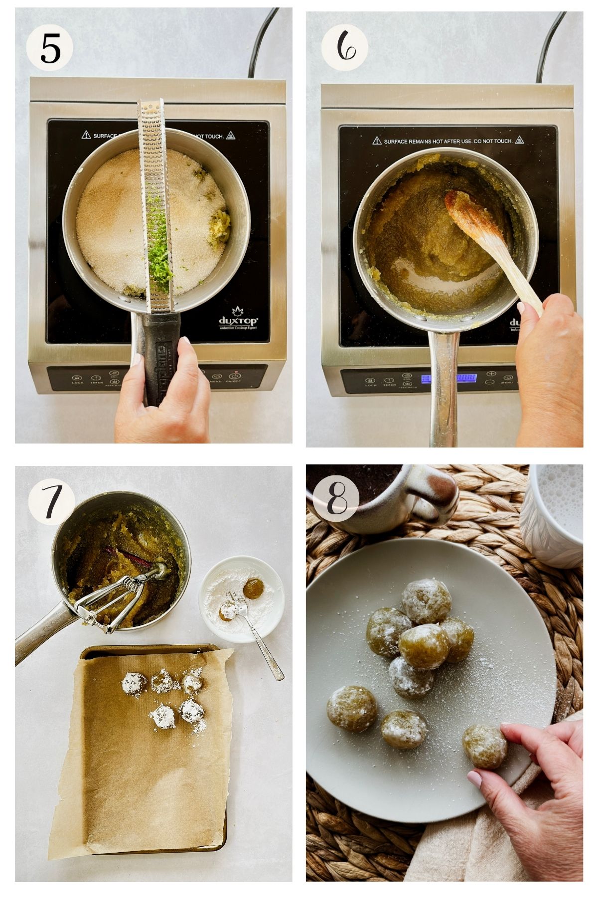 Boniatillo seco steps 5-8: zesting lime over the sugar, cooking the paste until thick, rolling balls in powdered sugar, and serving.