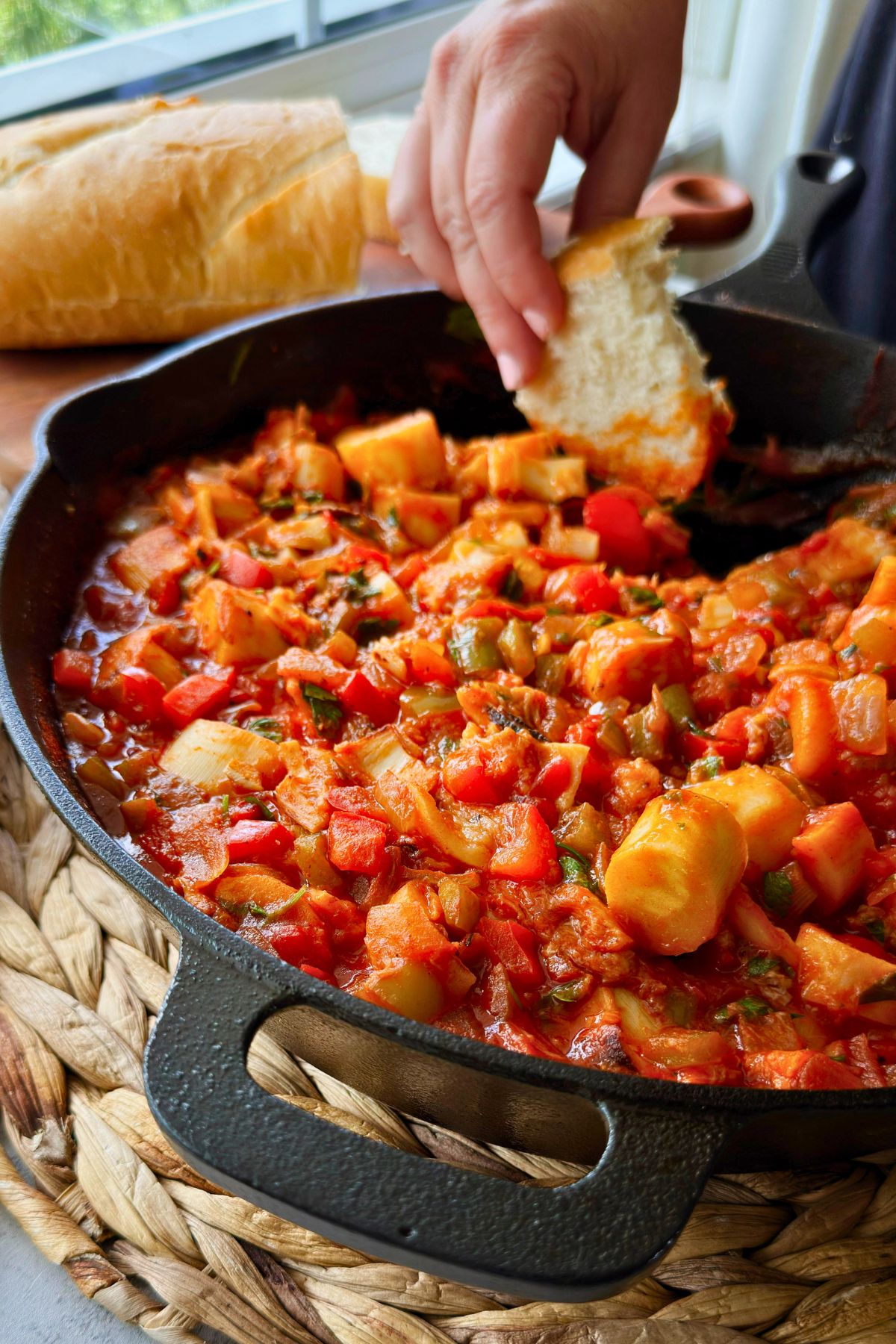 A hand dipping a piece of Cuban bread into a cast iron skillet of vegan camarones enchilados, with the loaf resting behind the pan.