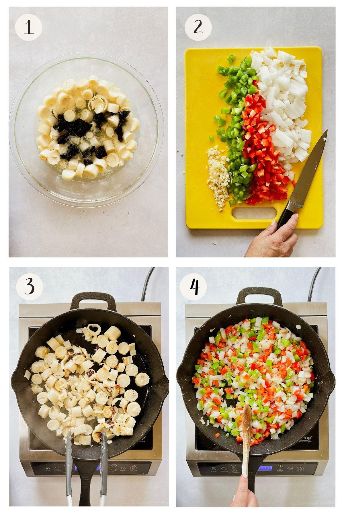 Collage of first four steps for vegan camarones enchilados: hearts of palm soaking with nori, diced peppers, onion, and garlic on a cutting board, hearts of palm searing in a cast iron skillet, then vegetables sautéing in the same pan.