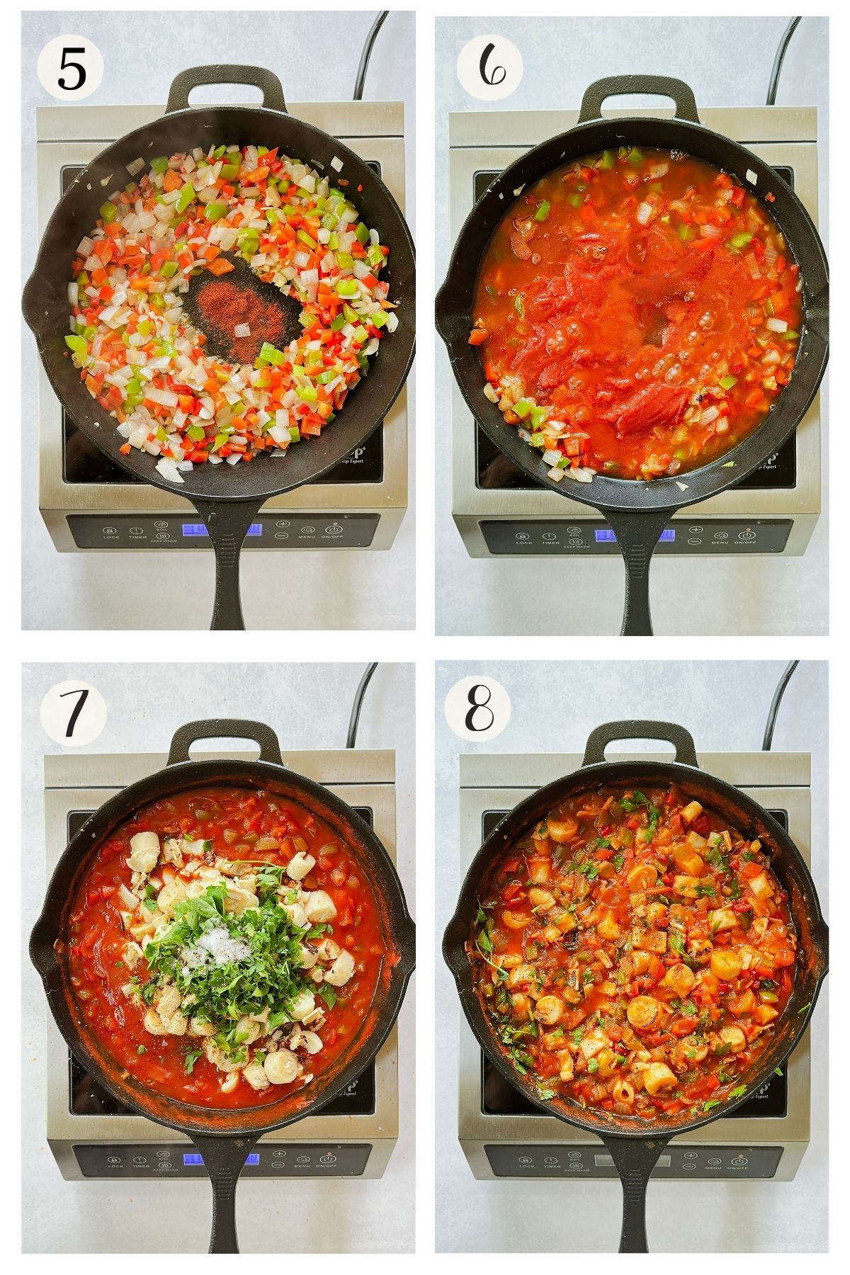 Steps 5-8 collage for vegan camarones enchilados: paprika added to sautéed vegetables, tomato sauce poured in, hearts of palm and parsley stirred into the sauce, then the finished dish simmering in a cast iron skillet.