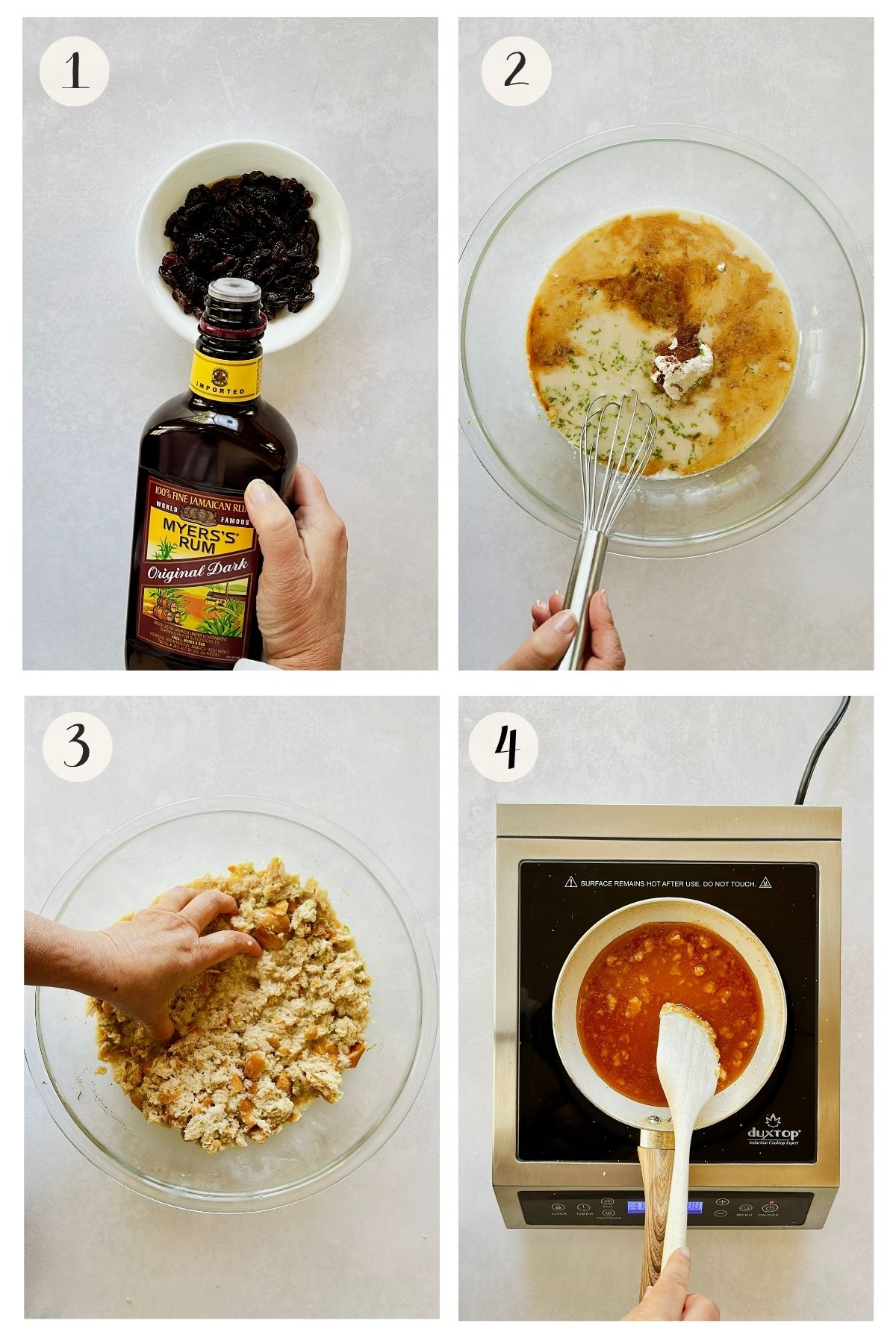Vegan Cuban pudín de pan steps 1-4: soaking raisins in dark rum, whisking the coconut condensed milk custard, pressing bread into the custard, and melting sugar for caramel.
