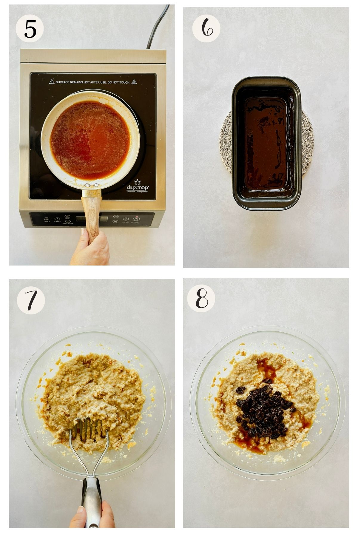 Vegan Cuban pudín de pan steps 5-8: amber caramel in a pan, caramel poured into a loaf pan, mashing the soaked bread, and folding in rum-soaked raisins.