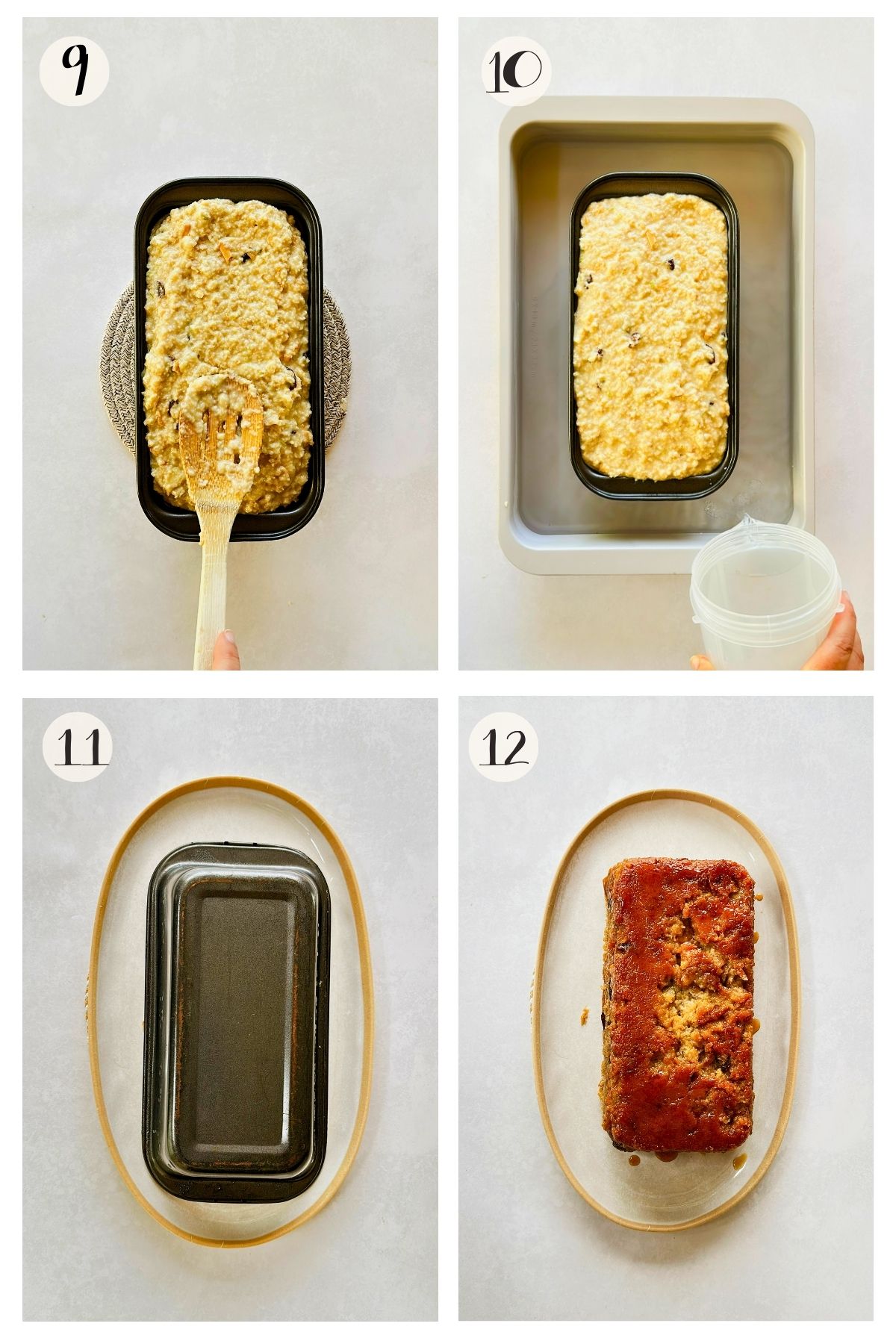 Four steps making vegan pudín de pan: spreading batter in a loaf pan, setting it in a water bath, inverting it onto a platter, and the unmolded caramel-topped bread pudding.