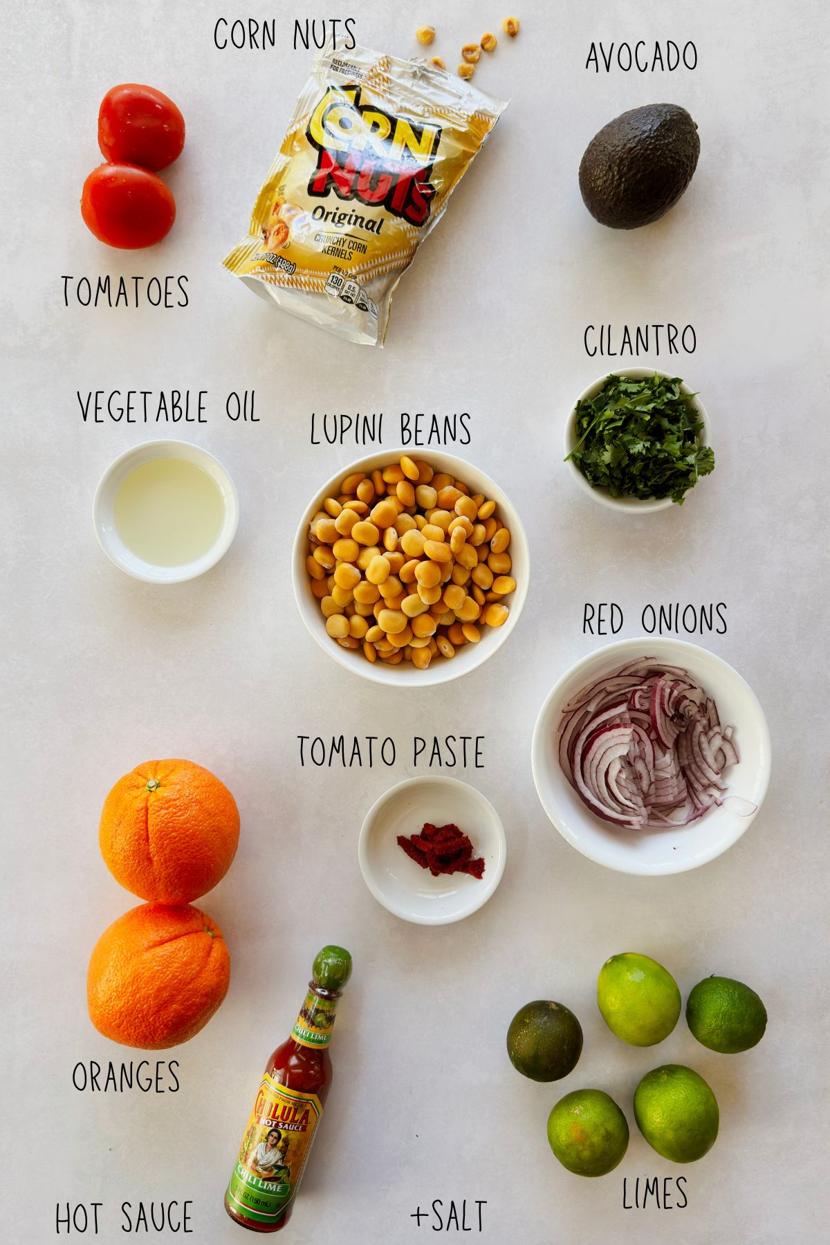 Labeled ingredients for ceviche de chochos on a white surface: lupini beans, sliced red onion, tomatoes, oranges, limes, cilantro, tomato paste, vegetable oil, hot sauce, corn nuts, and an avocado.