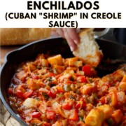 Pinterest graphic reading "How to Make Vegan Camarones Enchilados (Cuban 'Shrimp' in Creole Sauce)" above a photo of a hand dipping Cuban bread into a skillet of vegan camarones enchilados.