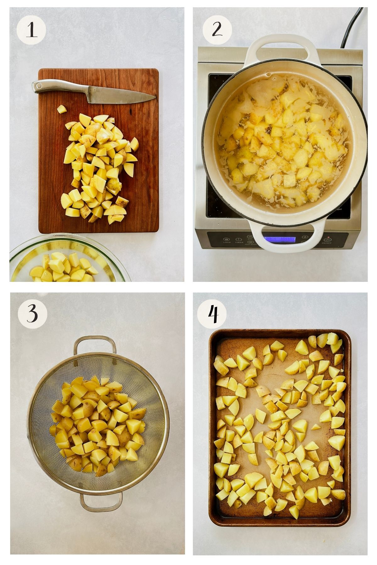 Patatas bravas steps 1-4: cubing potatoes, boiling in a pot, draining in a colander, and spreading them on a sheet pan to dry.