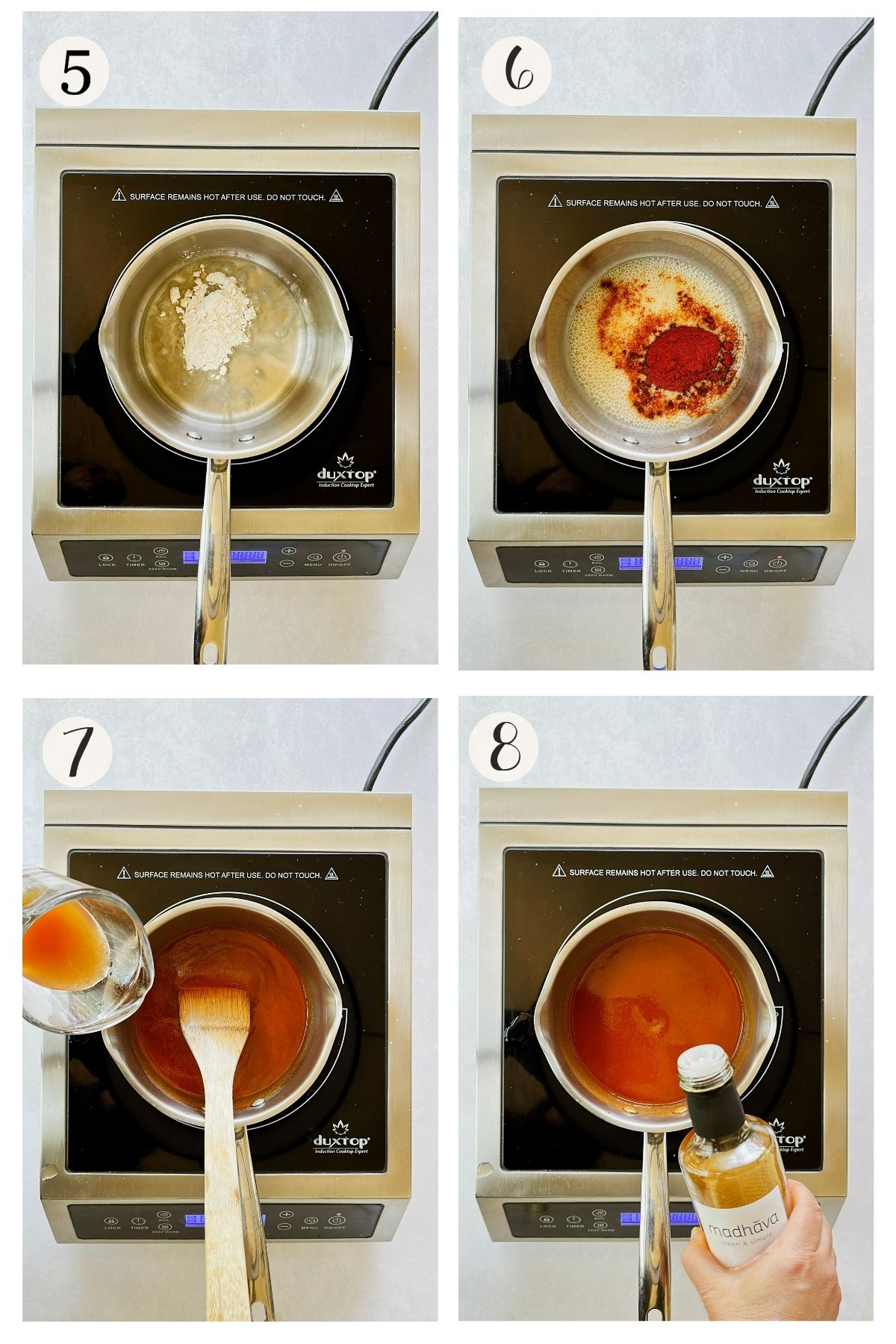 Patatas bravas steps 5-8: cooking the flour roux, adding smoked paprika, whisking in broth, and finishing the bravas sauce.