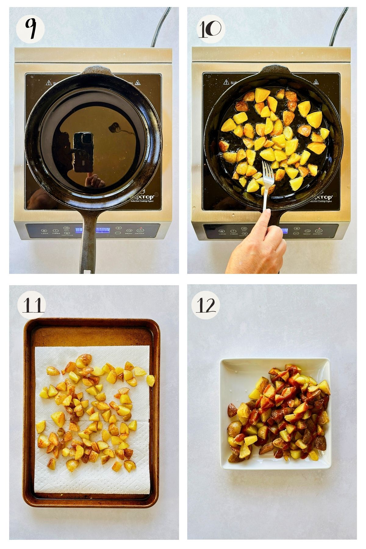 Patatas bravas steps 9-12: heating oil in a cast iron skillet, frying the potatoes, draining on paper towels, and serving with sauce.