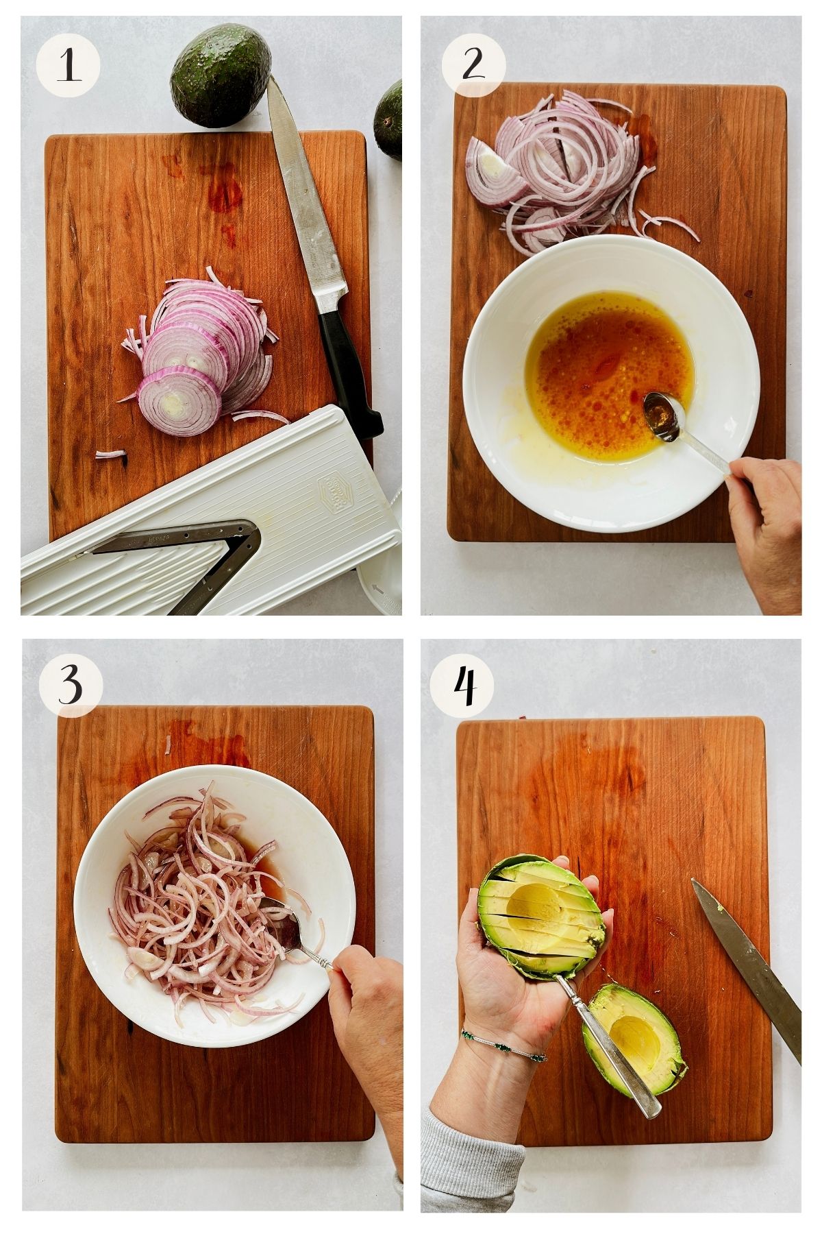 Steps 1-4: Thinly slice red onion, whisk the vinegar dressing, marinate the onion, and cut an avocado into wedges.