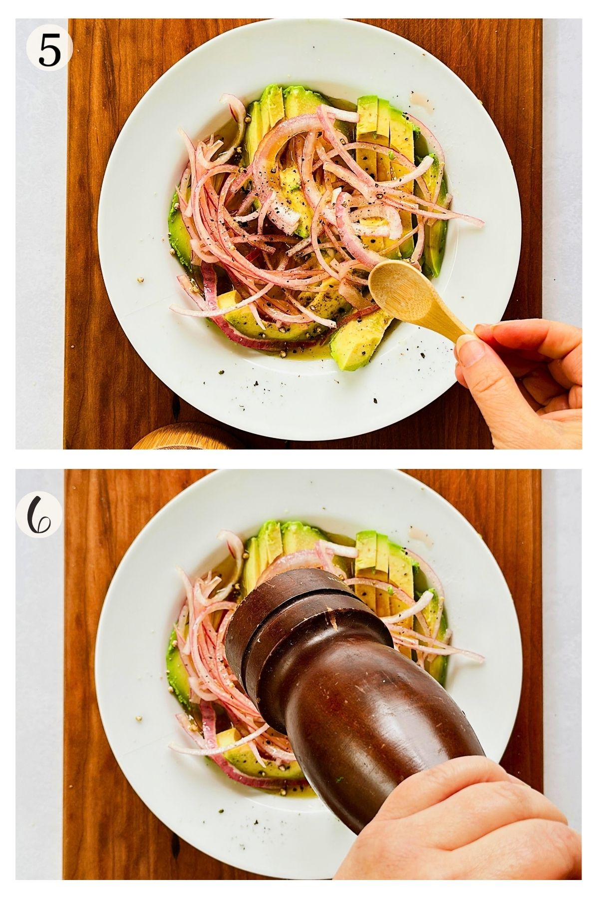 Steps 5-6: Season avocado and red onion with salt, then grind black pepper over the salad.