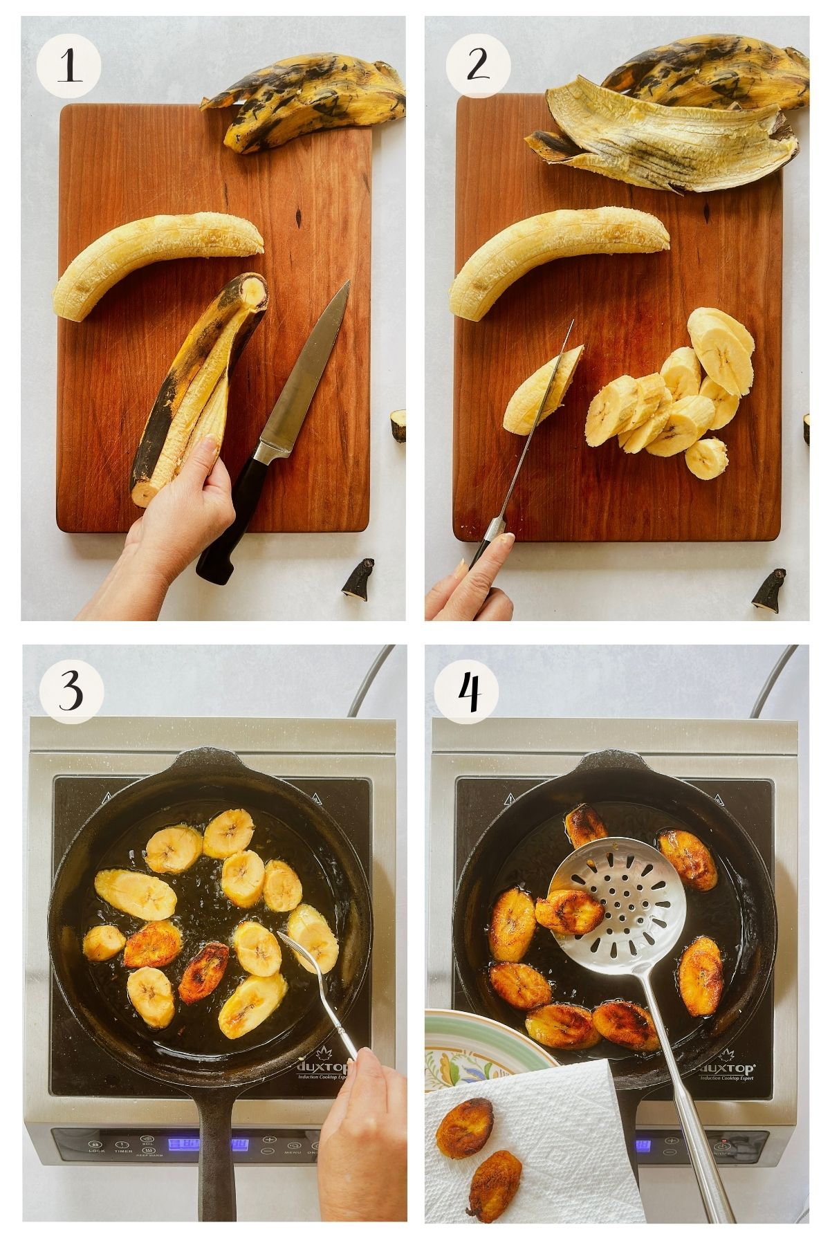 Steps 1-4 collage for plátanos maduros: peel and slice ripe plantains, fry until golden, then drain